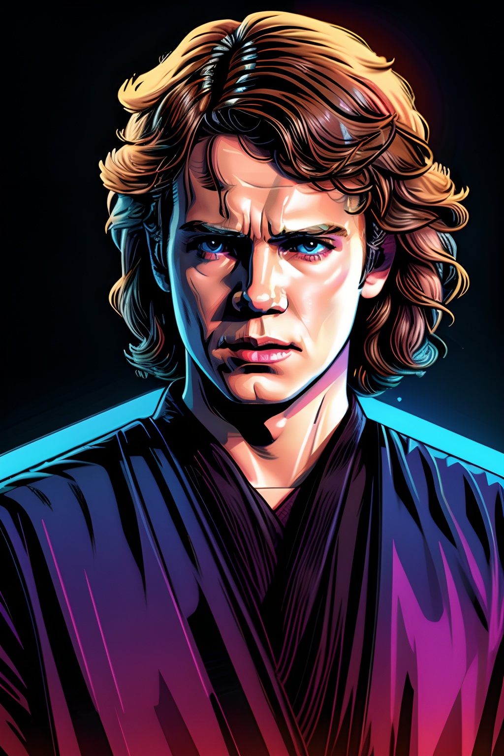 An illustration of Anakin Skywalker in the style of retro synthwave art,  glow,  rots on Tensor.Art