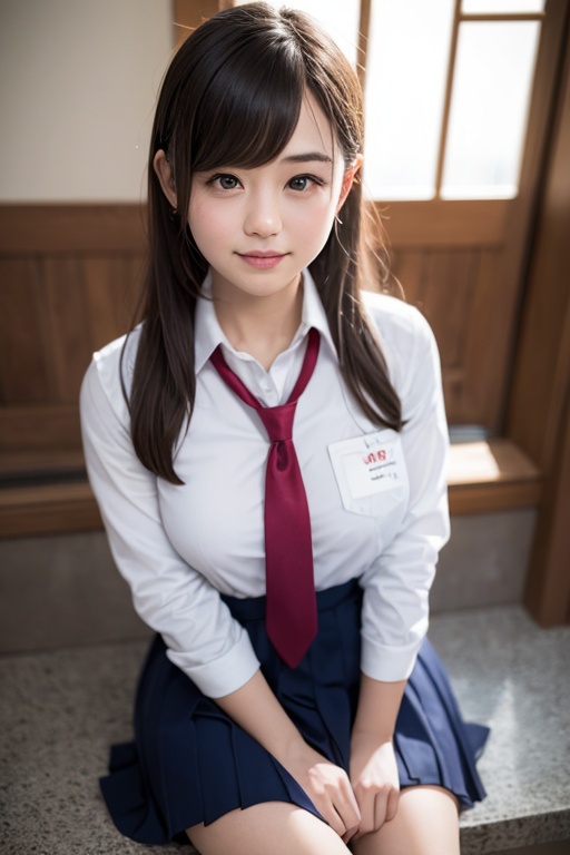 there is a woman sitting on the steps wearing a tie,  a hyperrealistic schoolgirl,  realistic schoolgirl on Tensor.Art