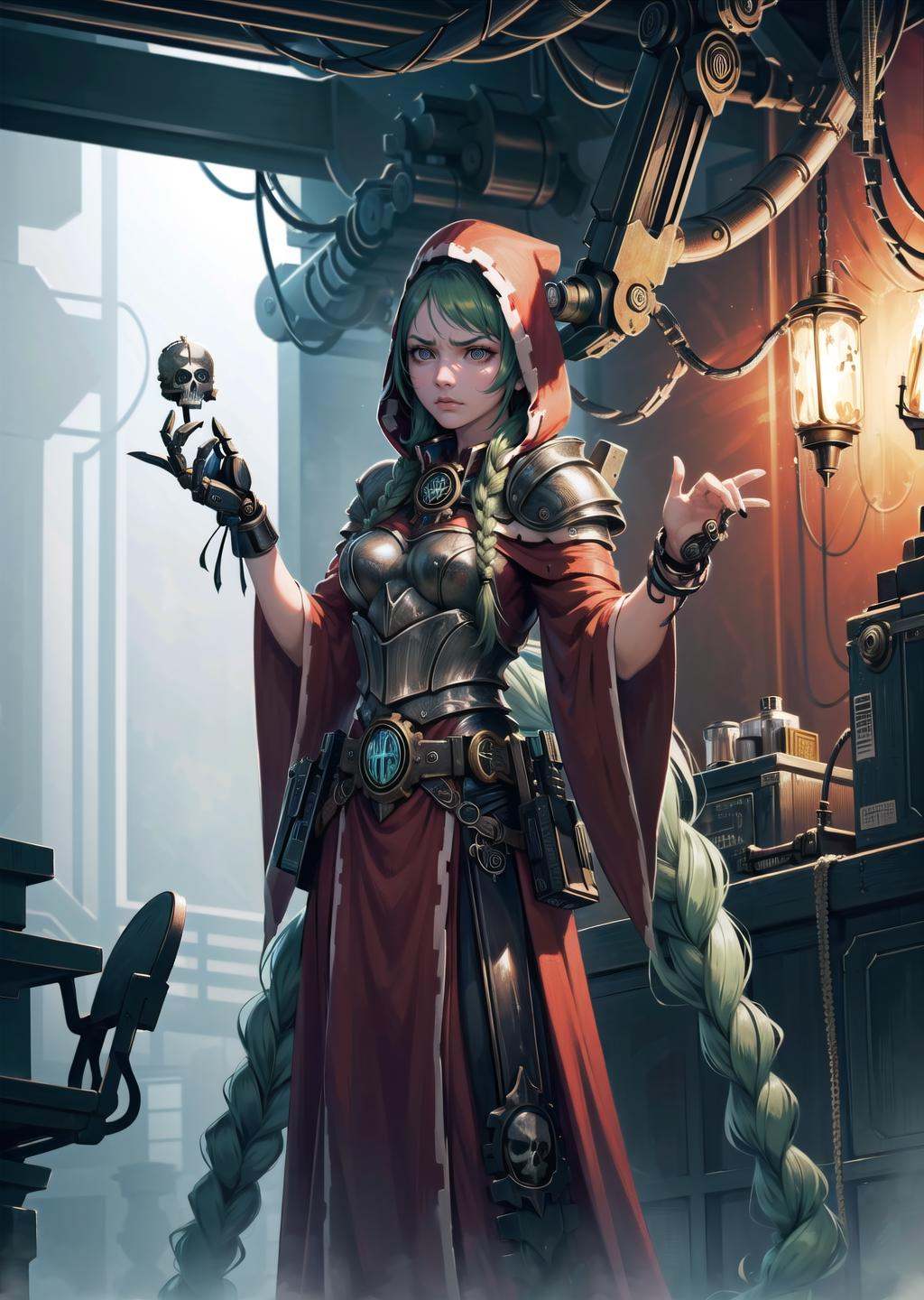 (1girl,  green hair very long hair quad braids,  black eyes on Tensor.Art