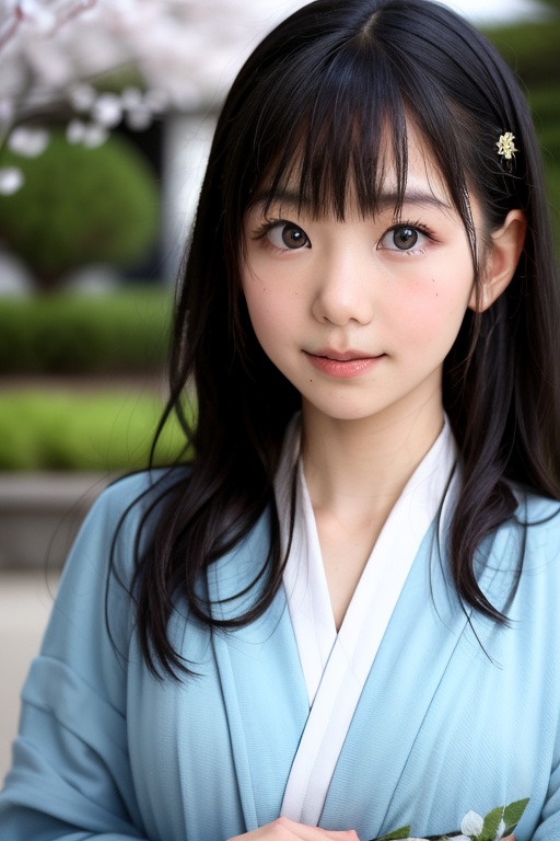 A stunning portrait of an 8-year-old Japanese girl,  radiating beauty and innocence. She has long,  flowing black hair on...