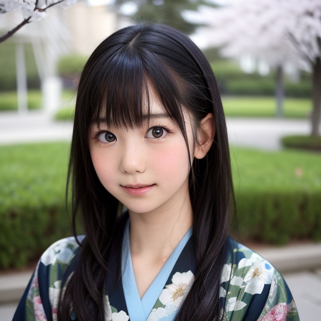 A stunning portrait of an 8-year-old Japanese girl,  radiating beauty and innocence. She has long,  flowing black hair on...