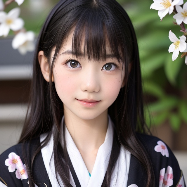 A stunning portrait of an 8-year-old Japanese girl,  radiating beauty and innocence. She has long,  flowing black hair on...