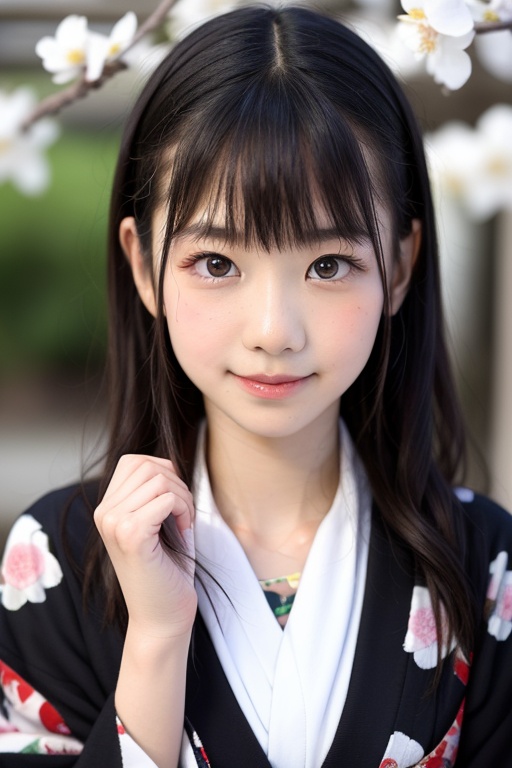 A stunning portrait of an 8-year-old Japanese girl,  radiating beauty and innocence. She has long,  flowing black hair on...