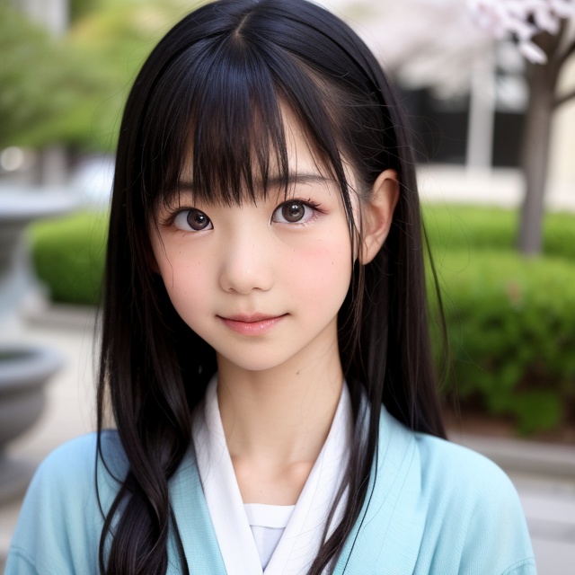A stunning portrait of an 8-year-old Japanese girl,  radiating beauty and innocence. She has long,  flowing black hair on...