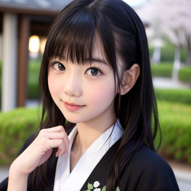 A stunning portrait of an 8-year-old Japanese girl,  radiating beauty and innocence. She has long,  flowing black hair on...