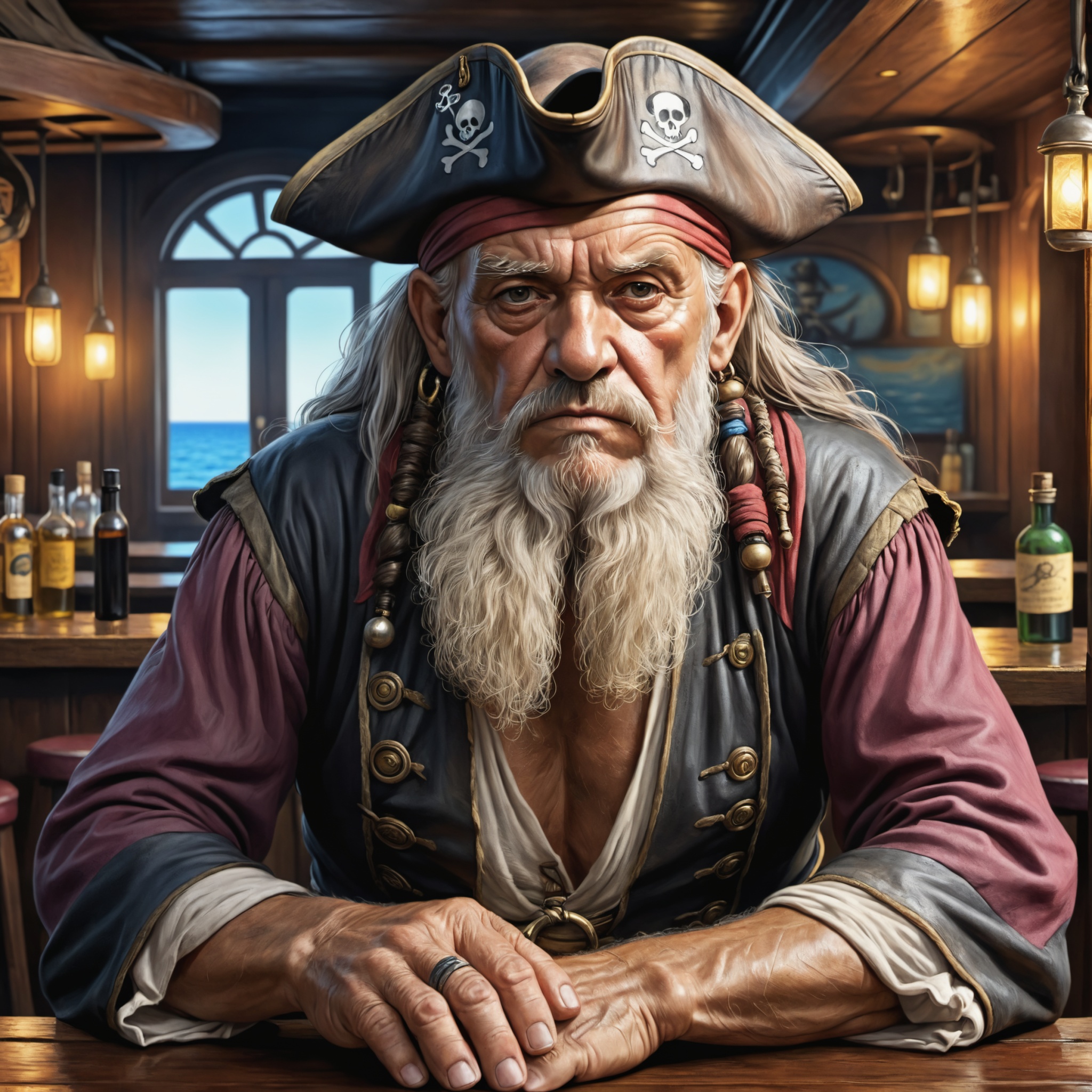 Closeup oil picture drawing of a sad old pirate alone in a bar in Tortuga bay on Tensor.Art