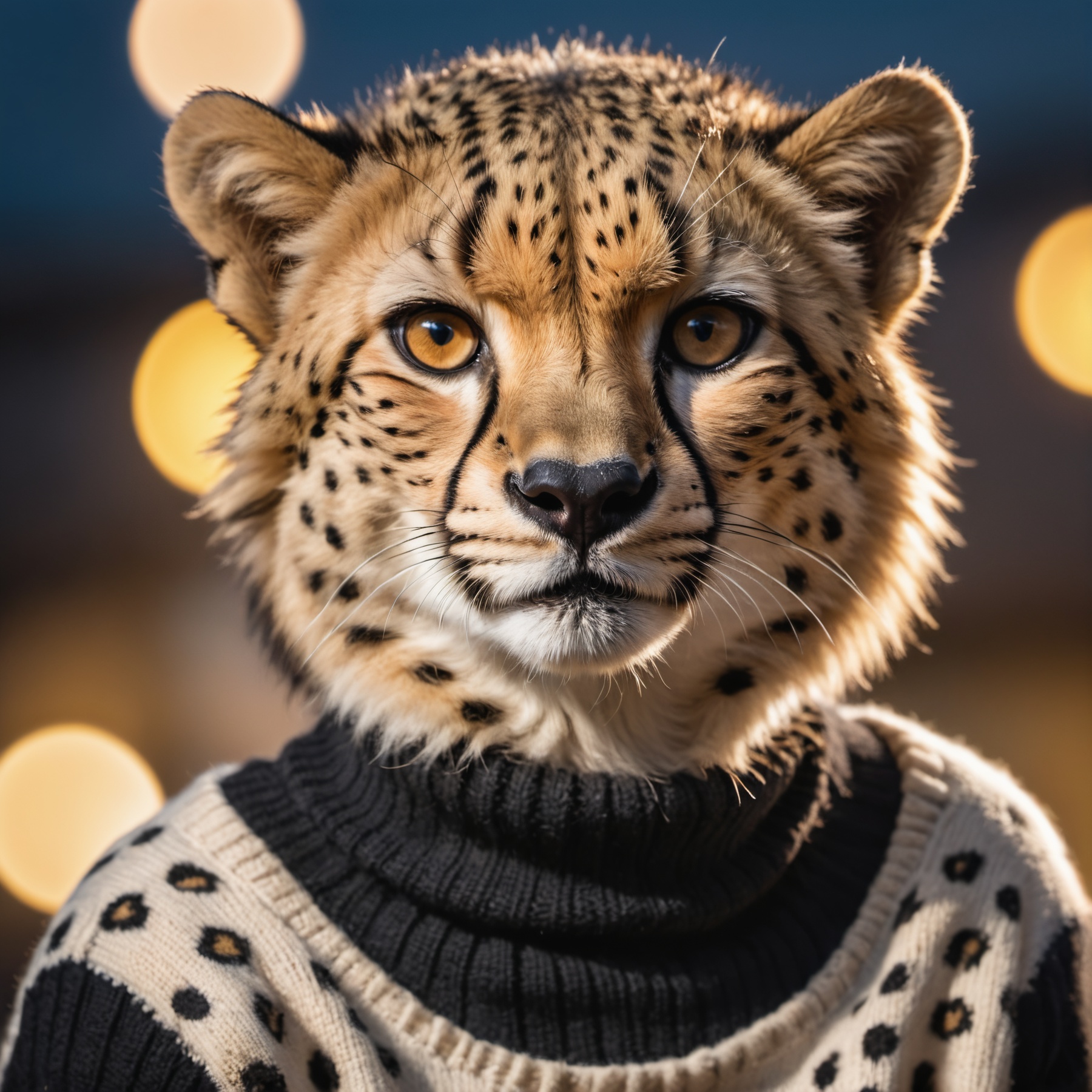 Closeup of an anthro furry cheetah female wearing a wool sweater,  high quality photography,  3 point lighting on Tensor.Art