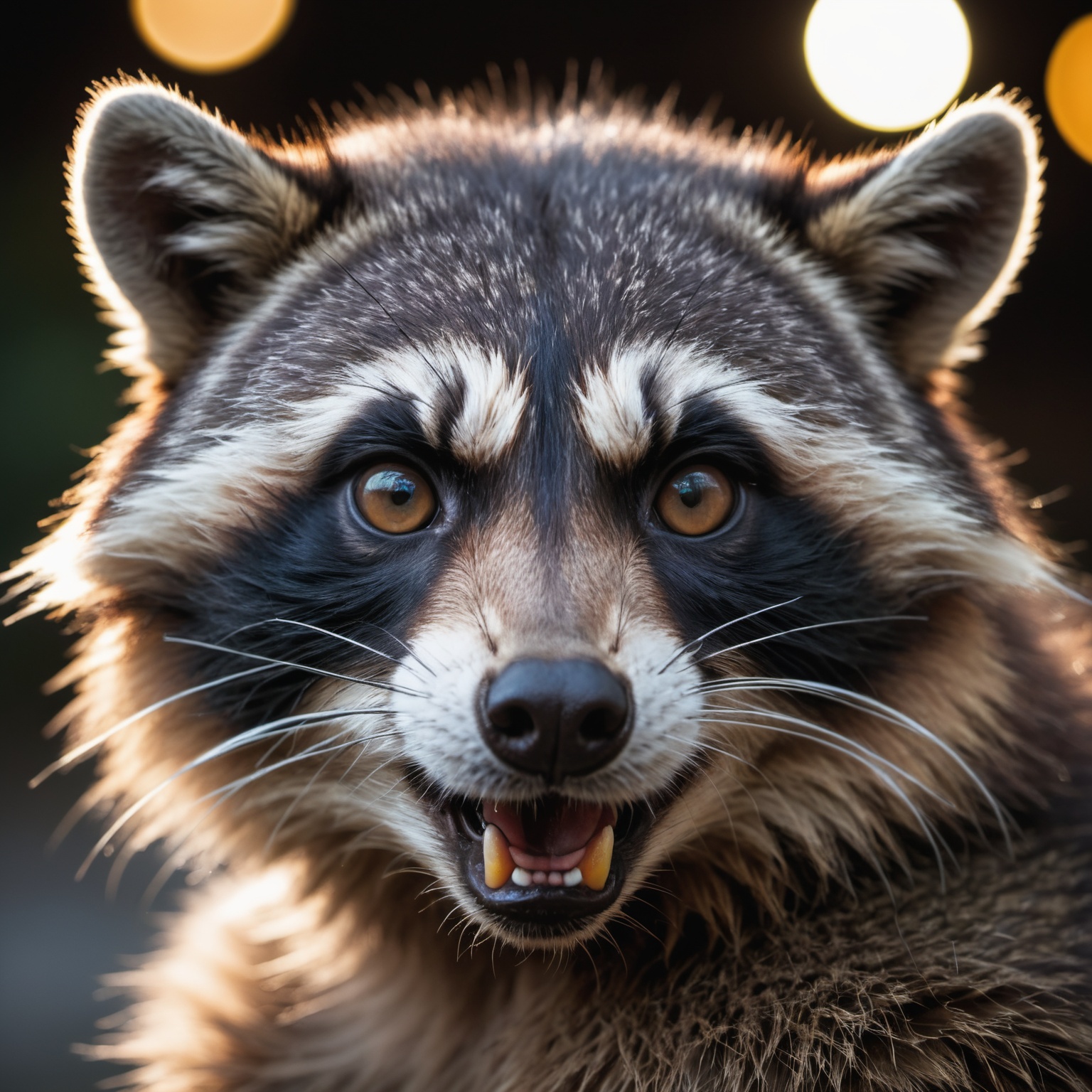 face portrait from an anthro male raccon,  fangs,  realistic fur on Tensor.Art