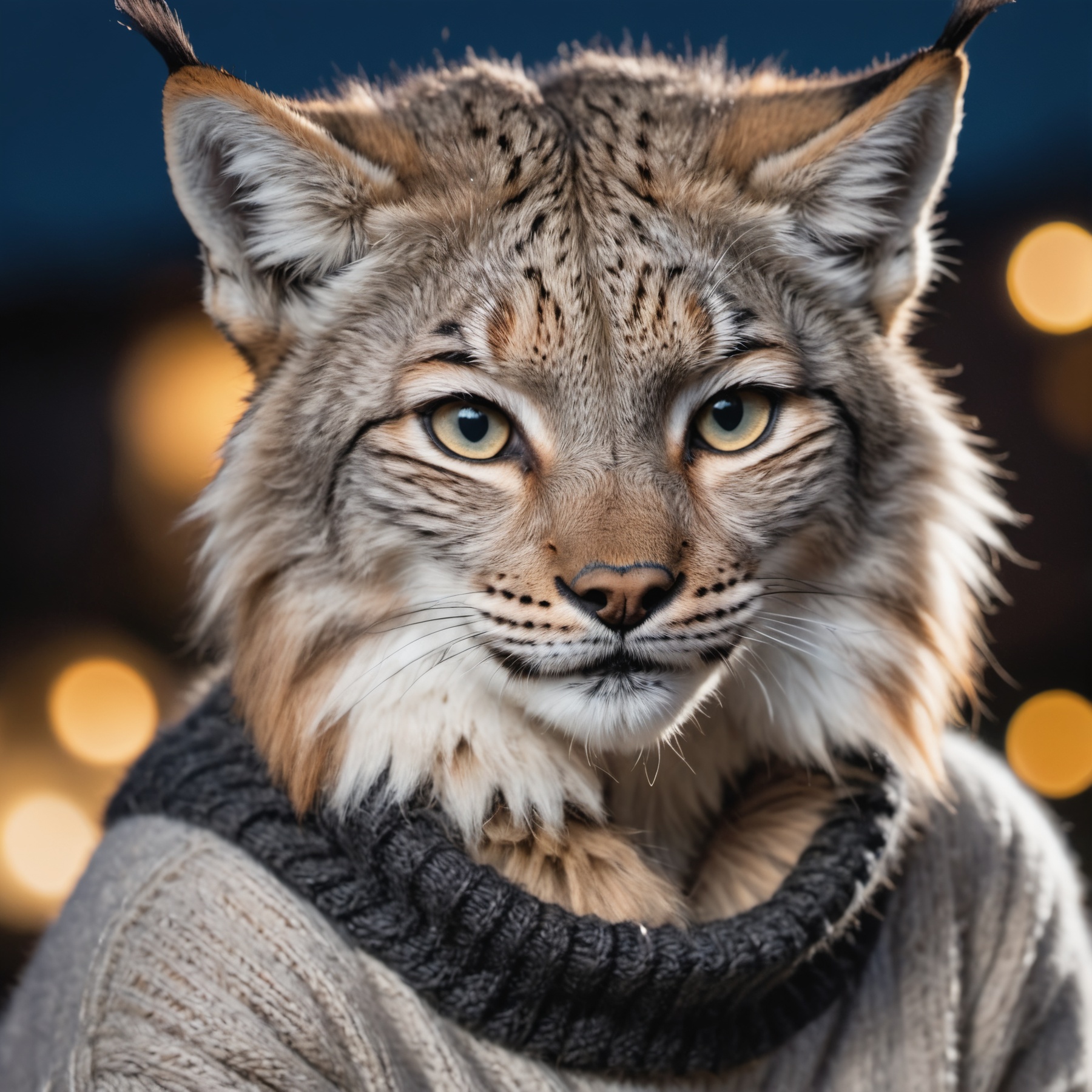 Closeup of an anthro furry lynx female wearing a wool sweater,  high quality photography,  3 point lighting on Tensor.Art