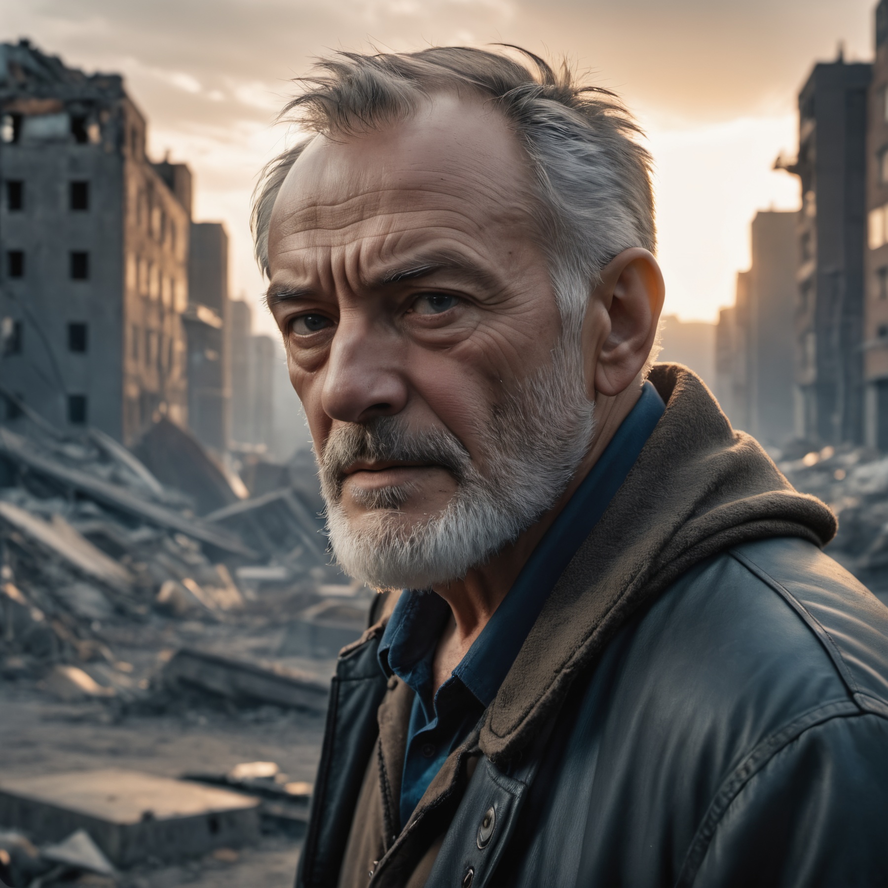 cinematic photo sad old man in a post apocalyptic destroyed city after nuclear blast,  newdawn,  closeup on Tensor.Art