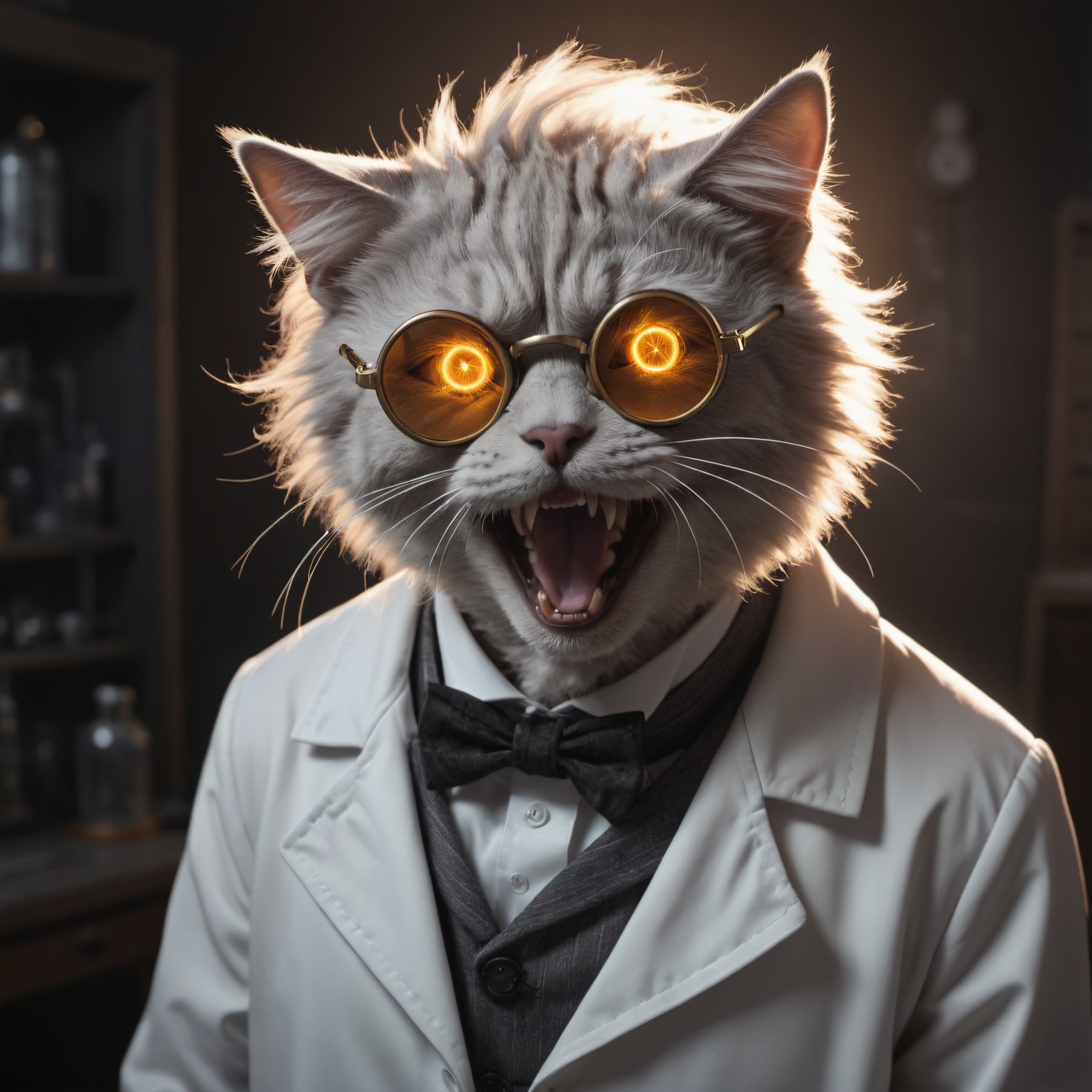 line art drawing old evil scientist,  (((cat))),  psycho on Tensor.Art