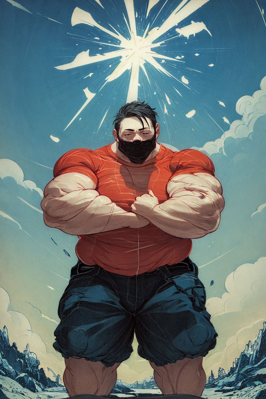 masterpiece,best quality,1 girl, concept art, Psychotic overweight Guy, Muscle pose, Thunderstorm, Regret, F/1.8, dark white and Blue hue, illustration,<lora:nichuanjing-000010:0.6>,8K,HDR