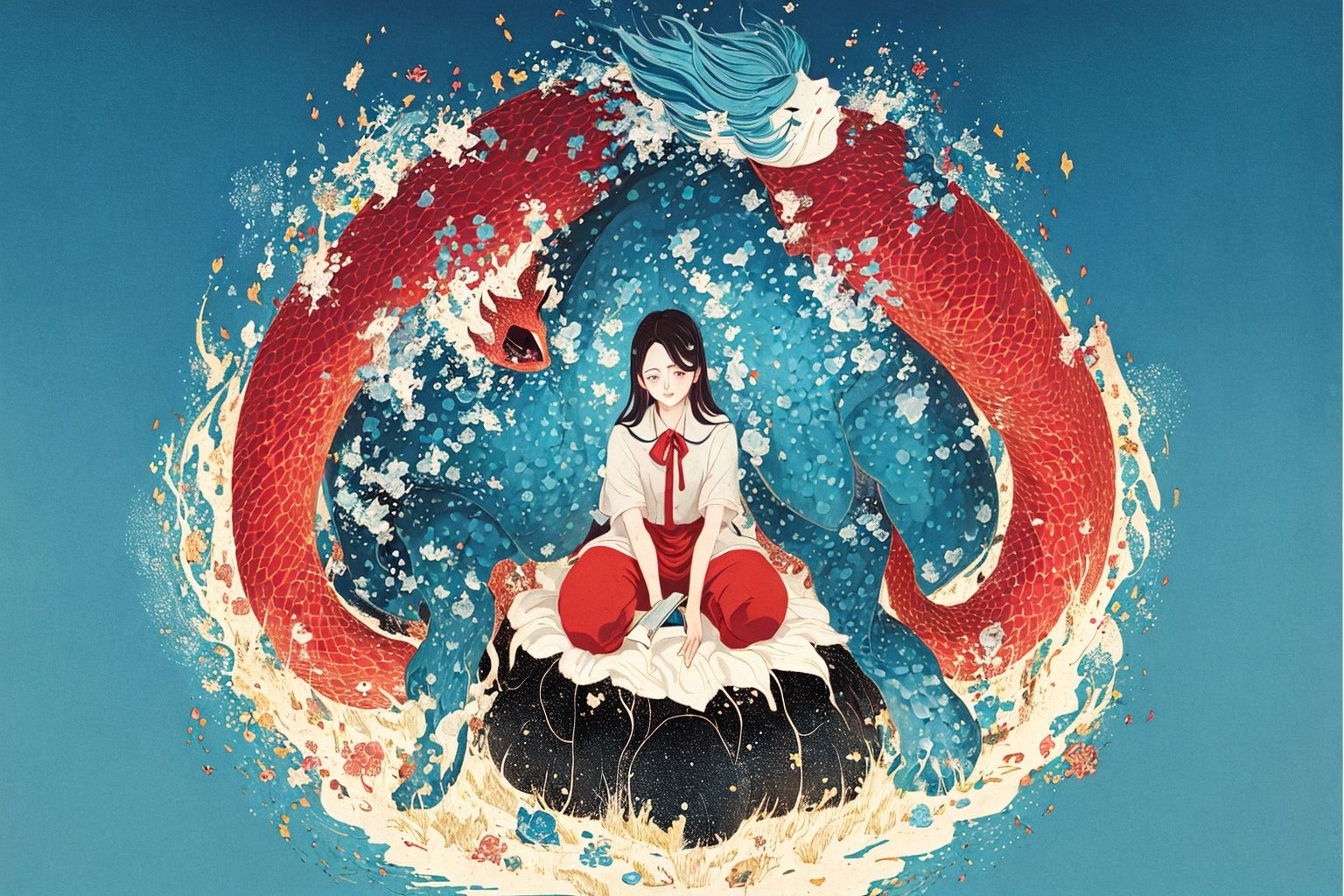 masterpiece,best quality,1 girl, concept art, Harsh Sky Blue and Lavender (Kraken:1.1) Costume designer, Sitting with crossed legs, Kinemacolor background, Anime screencap, Awe, and purple dust particles, rpg concept art, award winning, illustration,<lora:nichuanjing-000011:0.7>,8K,HDR