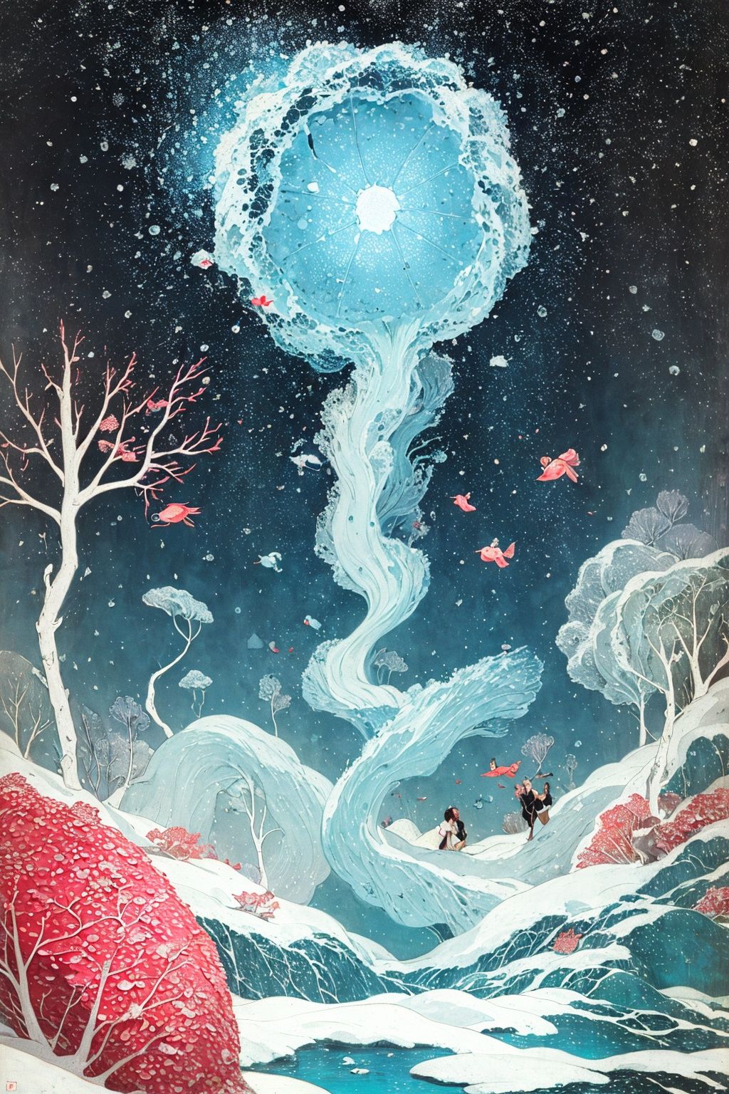 masterpiece,best quality,1 girl, concept art, Aqua and Coral "The Aurora of Folk", Snowy, Wide view, (art by Frida Kahlo:1.1) , Vincent van Gogh, Accent lighting, F/5, Kodak Ektar, cosmic energy, geometric patterns, illustration,<lora:nichuanjing-000010:0.6>,8K,HDR