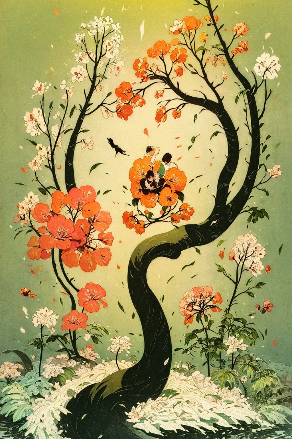 masterpiece,best quality,1girl,8K,HDR,upper_body,<lora:nichuanjing-000010:0.7 >,Master's work, masterpiece, Chinese ink wash, watercolor style,light green Chinese dragon,solo,peach blossom forest, snow, orange gfzhidanya background,