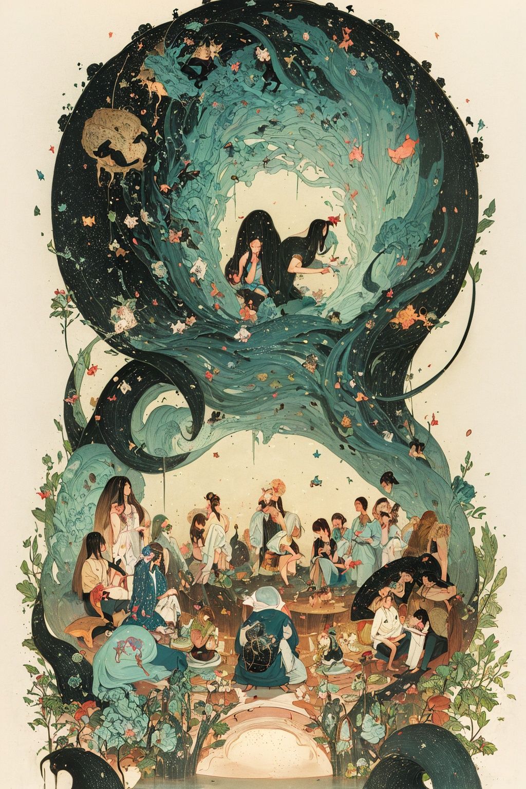 masterpiece,best quality,1 girl, concept art, Monstrous (a crowd of girls of Charm:1.3) , wearing a very Nerdy Babydoll, The Babydoll 1960'S and Magical, hillside in background, Very wide view, Simple illustration, Peaceful, side lit, F/2.8, "In the tapestry of resilience, scars become testaments of strength, and wounds transform into stories of triumph.", 8K, absurdres, illustration,<lora:nichuanjing-000010:0.6>,8K,HDR