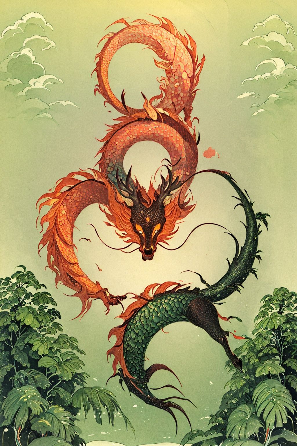 masterpiece,best quality,1girl,8K,HDR,upper_body,<lora:nichuanjing-000010:0.6>,Master's work,masterpiece,Chinese ink wash,watercolor style,light green Chinese dragon,solo,peach blossom forest,snow,orange gfzhidanya background,<lora:中国龙细节:0.8>,