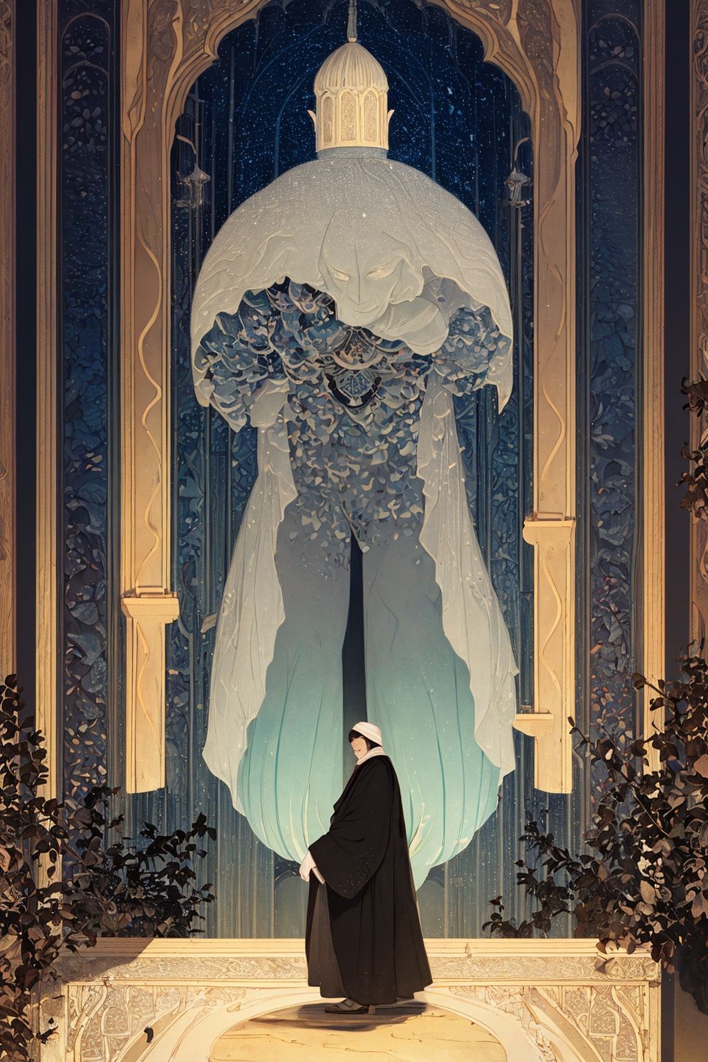masterpiece,best quality,1 girl, concept art, Gigantic muscular [Spartan|Edo Period] (Male Ghost:1.1) Chimney Sweep, wearing Gems, S-shape pose, his hair is Light, from inside a Wretched Sultan Qaboos Grand Mosque, Aetherpunk, illustration,<lora:nichuanjing-000010:0.6>,8K,HDR