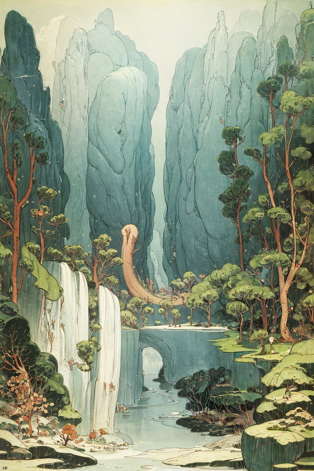 masterpiece,best quality,1 girl, art by Claude Monet and Brian Kesinger, [concept art, Funny thicc (Mother and Son:1.2) Fishing, highly detailed, Twirl pose, Blonde hair styled as Low bun, inside a Goðafoss Waterfall, deep focus, Rough sketch, Sad, Kingcore, 50mm, anaglyph effect::14], illustration,<lora:nichuanjing-000010:0.6>,8K,HDR