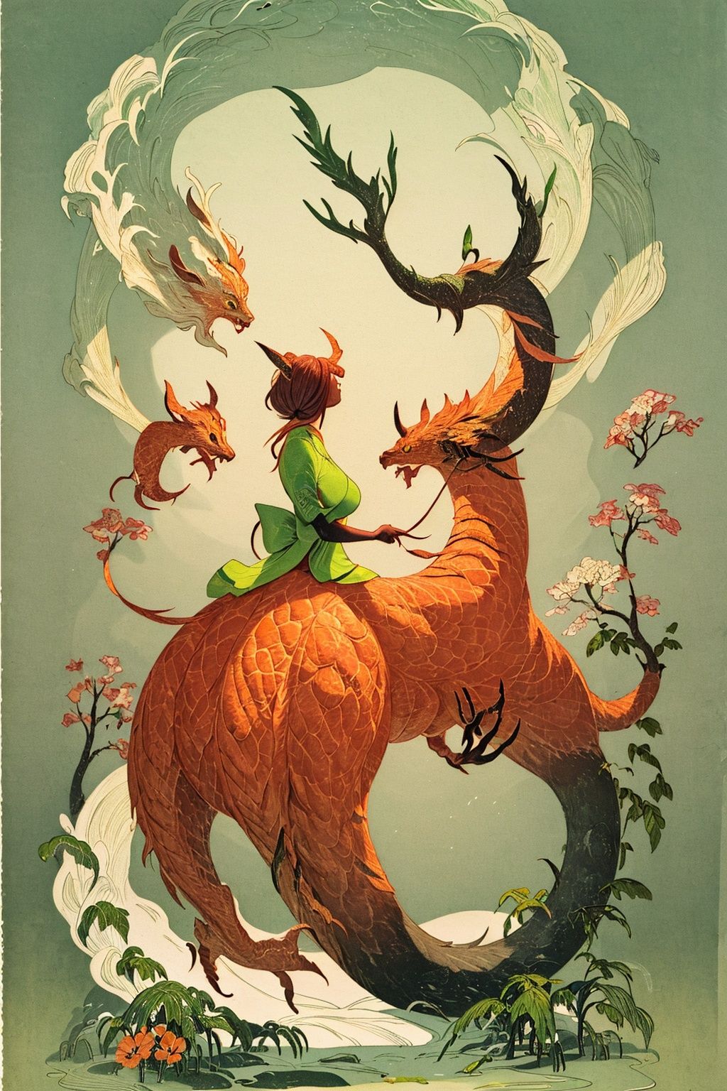 masterpiece,best quality,1girl,8K,HDR,upper_body,<lora:nichuanjing-000010:0.6>,Master's work,masterpiece,Chinese ink wash,watercolor style,light green Chinese dragon,solo,peach blossom forest,snow,orange gfzhidanya background,<lora:中国龙细节:0.6>,