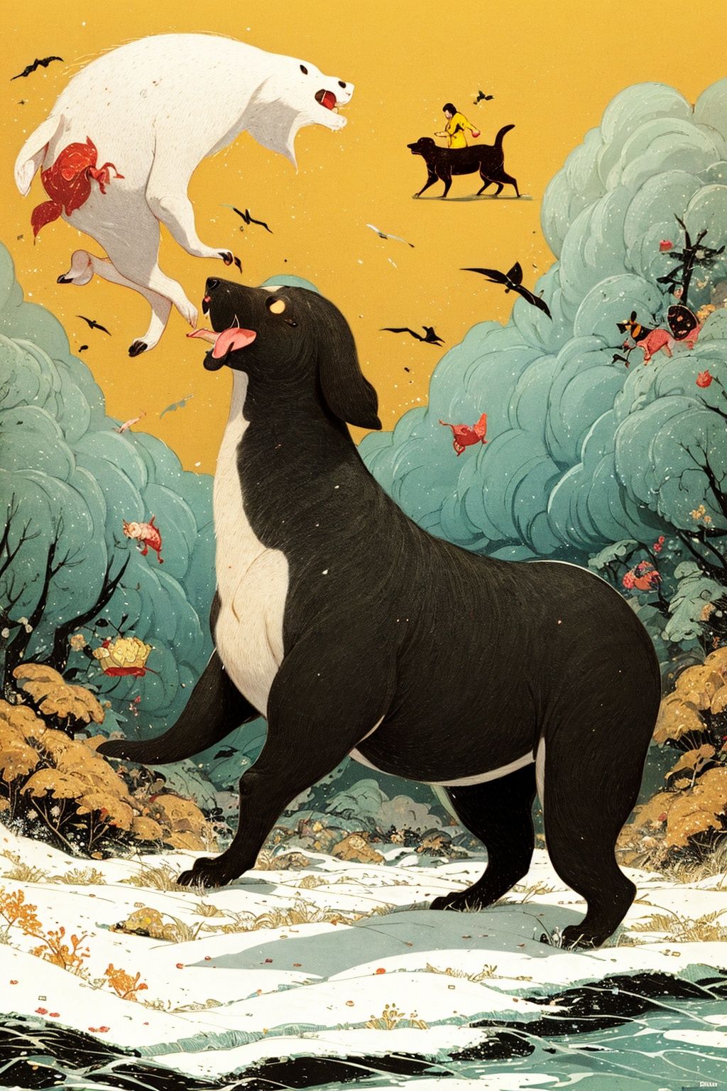 masterpiece,best quality,1 girl, stylized by Frida Kahlo, concept art, hip level shot of a ([Labrador Retriever|Pikachu]:1.2) - Crab hybrid, the Labrador Retriever is Furious and Regal, covered in Yellow paint, dripping paint inside a Twisted Mexico, Snowing, Fantasy, Provia, illustration,<lora:nichuanjing-000010:0.6>,8K,HDR