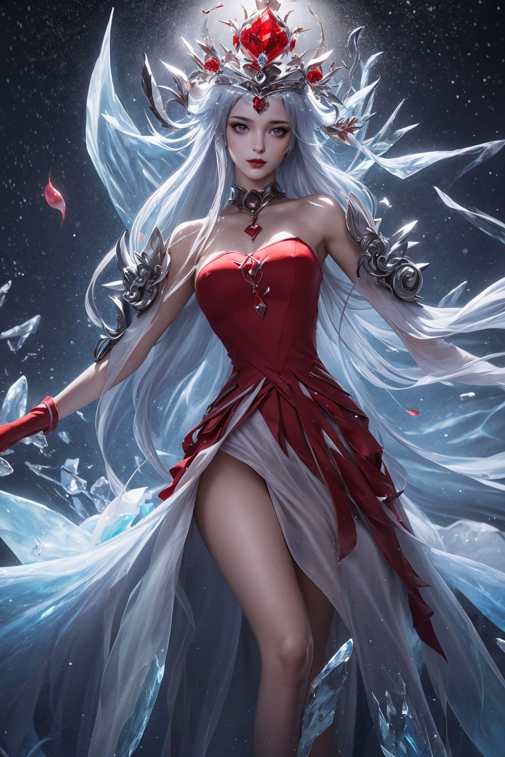 masterpiece,best quality,<lora:wangzherongyao-000003:0.8>,8K,HDR,1girl,wangzherongyao, painting, (Girl:1.3) , the Female is very Gruesome, Ice queen, stylized, dressed in dress, her dress is inspired by fashion, her hair is Red, Hopeless, High Contrast, (by Posuka Demizu:1.2) , (Osamu Tezuka:0.7)