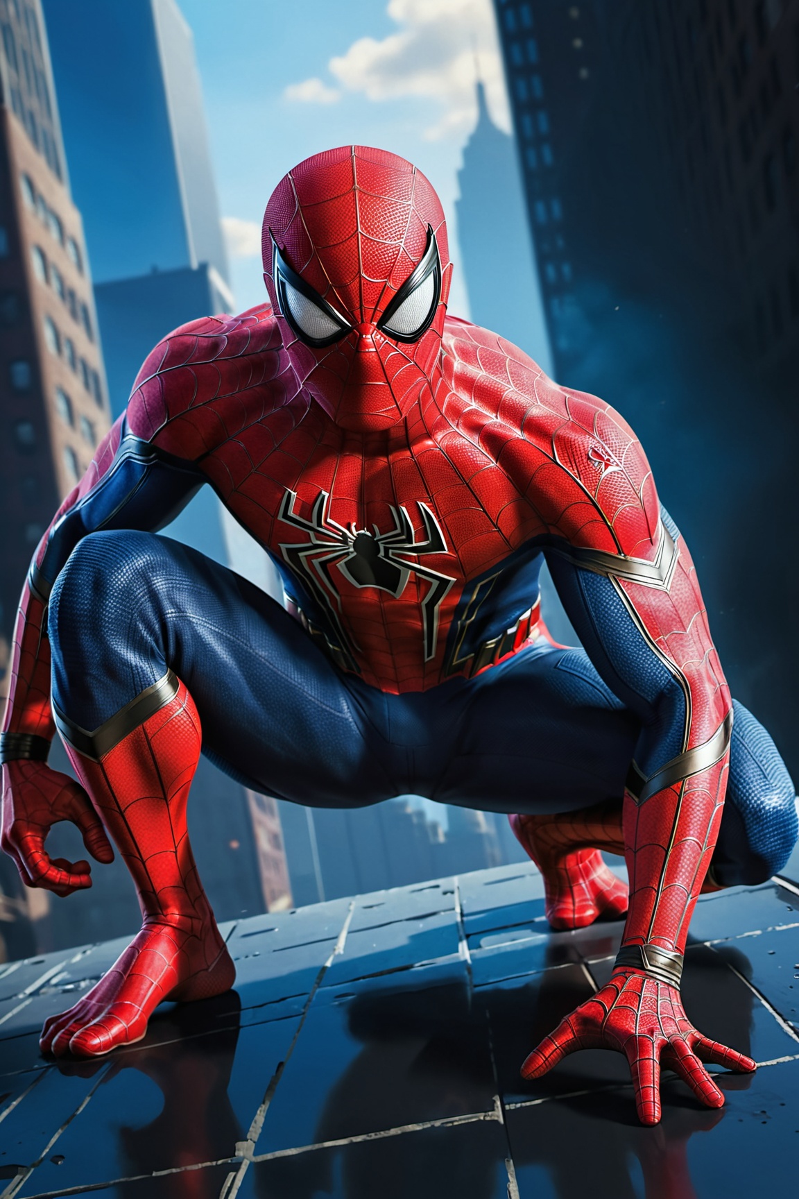 In this stunning depiction,  capturing the intensity of spiderman in a squating down pose,  he exudes a fierce and formida...