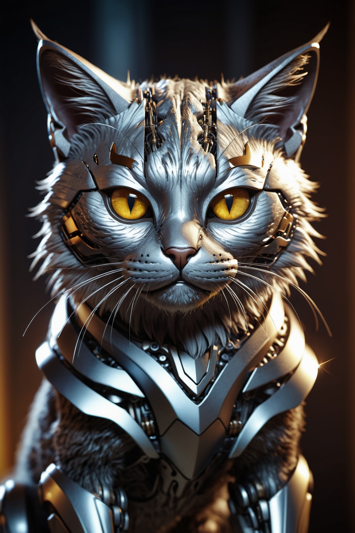 (a cute kitten made out of metal,  cyborg,  intricate details on Tensor.Art