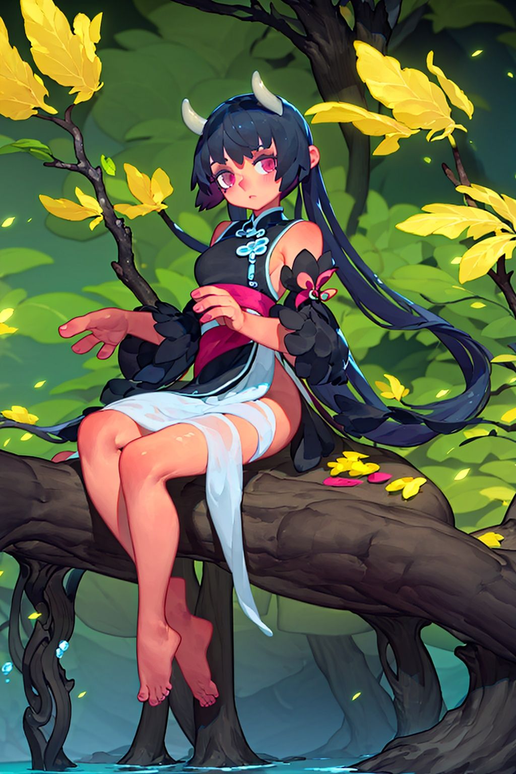 <lora:2qhuafeng-000008:0.9>,xuancai, multiple girls, dress, tree, long hair, outdoors, partially underwater shot, tail, water, sitting, black hair, day, short sleeves, barefoot, nature, sunlight, horns, leaf