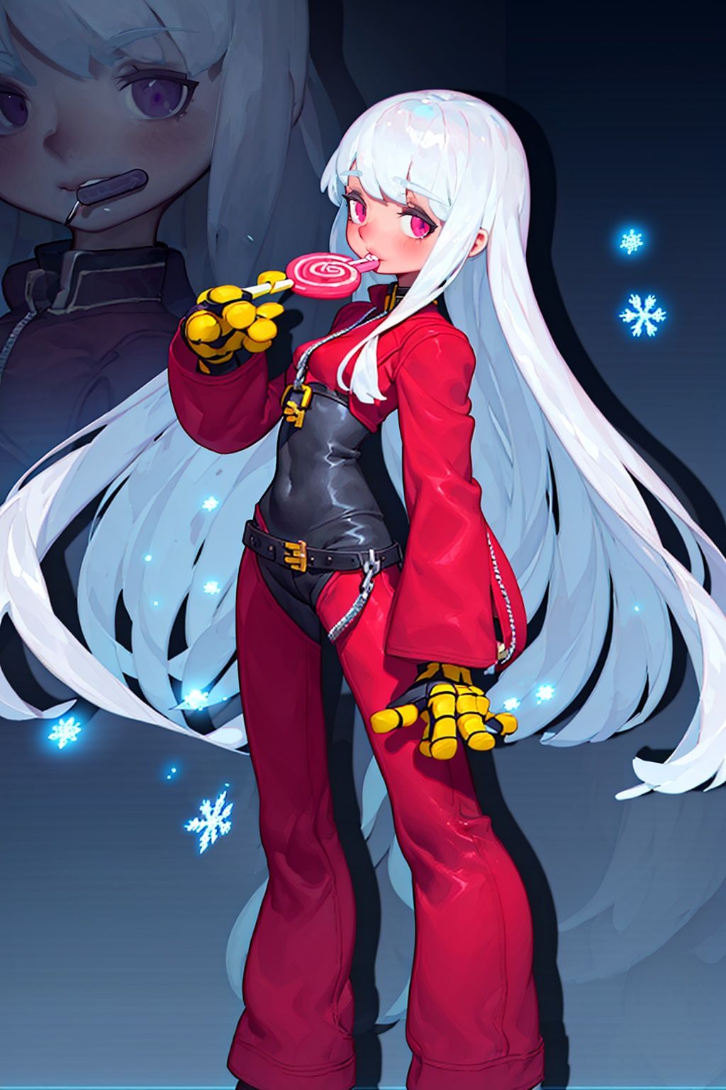 masterpiece,best quality,<lora:2qhuafeng-000008:0.8>,kula diamond, 1girl, candy, food, lollipop, solo, gloves, chaps, looking back, bodysuit, zoom layer, full body, looking at viewer, swirl lollipop, holding, bangs, medium breasts, ice, snowflakes, standing, 2qhuafeng, [ (stylized by Glenn Fabry:1.2) | (Jack Manini:1.1) ], anime key visual, landscape of a (Greece:1.3) from inside of a Danceclub, it is Depressing, Fall, 80mm, triadic colors, 8K,HDR
