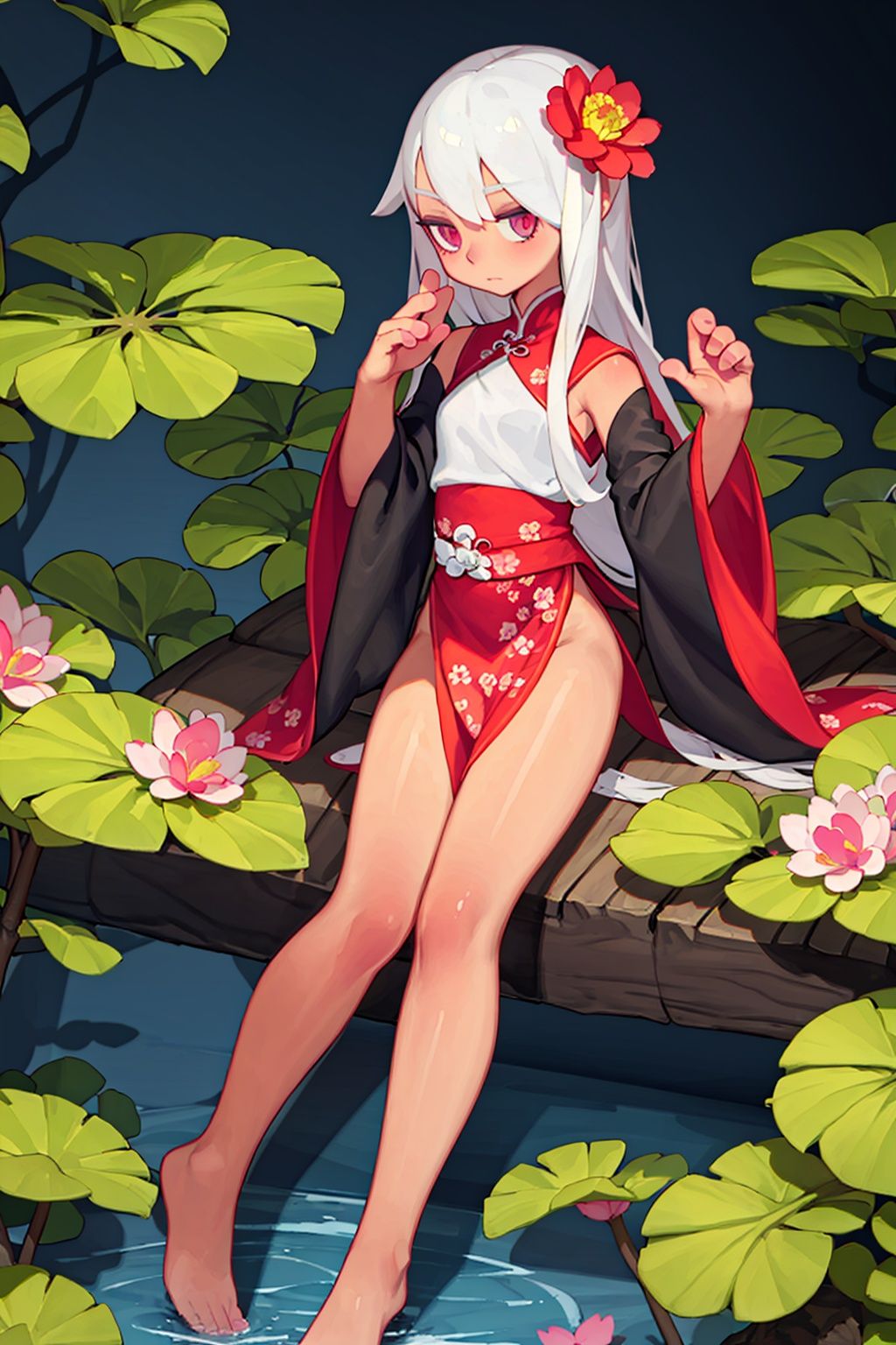 <lora:2qhuafeng-000014:0.7>,masterpiece,best quality,1girl,8K,HDR,white hair,xuancai, 1girl, flower, hair ornament, solo, lily pad, sitting, pointy ears, holding, barefoot, black hair, long hair, leaf umbrella, dark-skinned female, minigirl, water, hair flower, long sleeves, bangs, wide sleeves, outdoors, bag, looking at viewer, bare legs, closed mouth, lotus, leaf, hands up