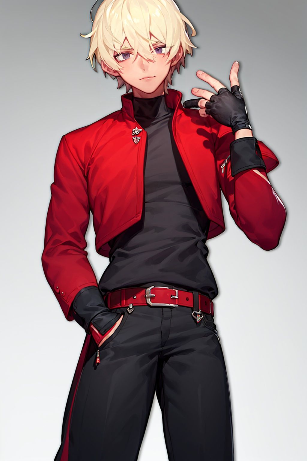 1boy,solo,male focus,fingerless gloves,gloves,yellow background,belt,jacket,pants,simple background,black gloves,red jacket,long sleeves,shirt,hair between eyes,black shirt,closed mouth,bangs,black pants,looking at viewer,belt buckle,glowing,2qhuafeng,<lora:2qhuafeng-000008:0.6>,