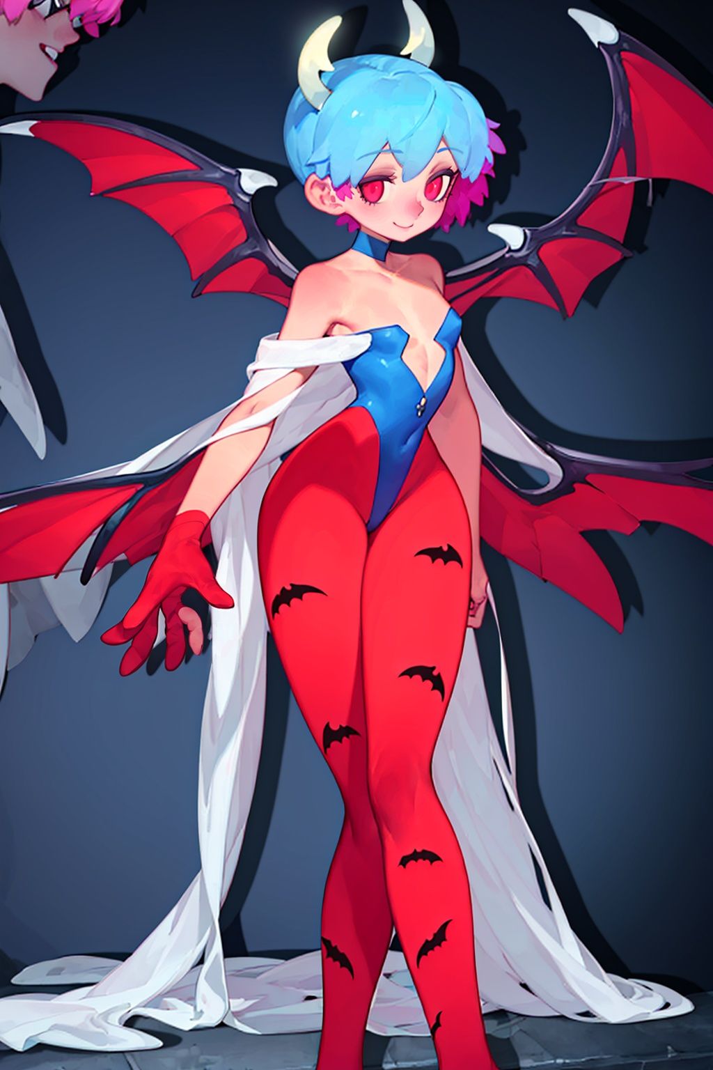 masterpiece,best quality,<lora:2qhuafeng-000008:0.8>lilith aensland, 1girl, solo, red leotard, pantyhose, flat chest, bat print, wings, animal print, print legwear, leotard, head wings, smile, demon girl, bat wings, bare shoulders, looking at viewer, blue pantyhose, 2qhuafeng, anime key visual, landscape of a 1800'S ([Waterfall:The Pueblo Bonito:4]:1.3) , at Blue hour, spotlit, 80mm, [ (stylized by Matthias Jung:1.0) , Christopher Balaskas:2], 8K,HDR
