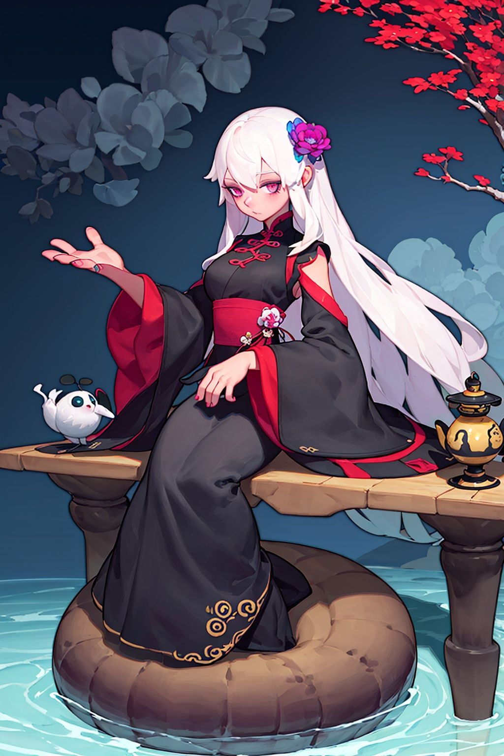 masterpiece,best quality,8K,HDR,high quality,beautiful,gufeng,1girl,long hair,sitting,tree,long sleeves,white hair,black hair,holding,chinese clothes,wide sleeves,water,genesis,ink and wash,<lora:2qhuafeng-000008:0.7>,<lora:Xian-T手部修复lora（不用controlnet也不坏手了）_v3.0:0.8>,