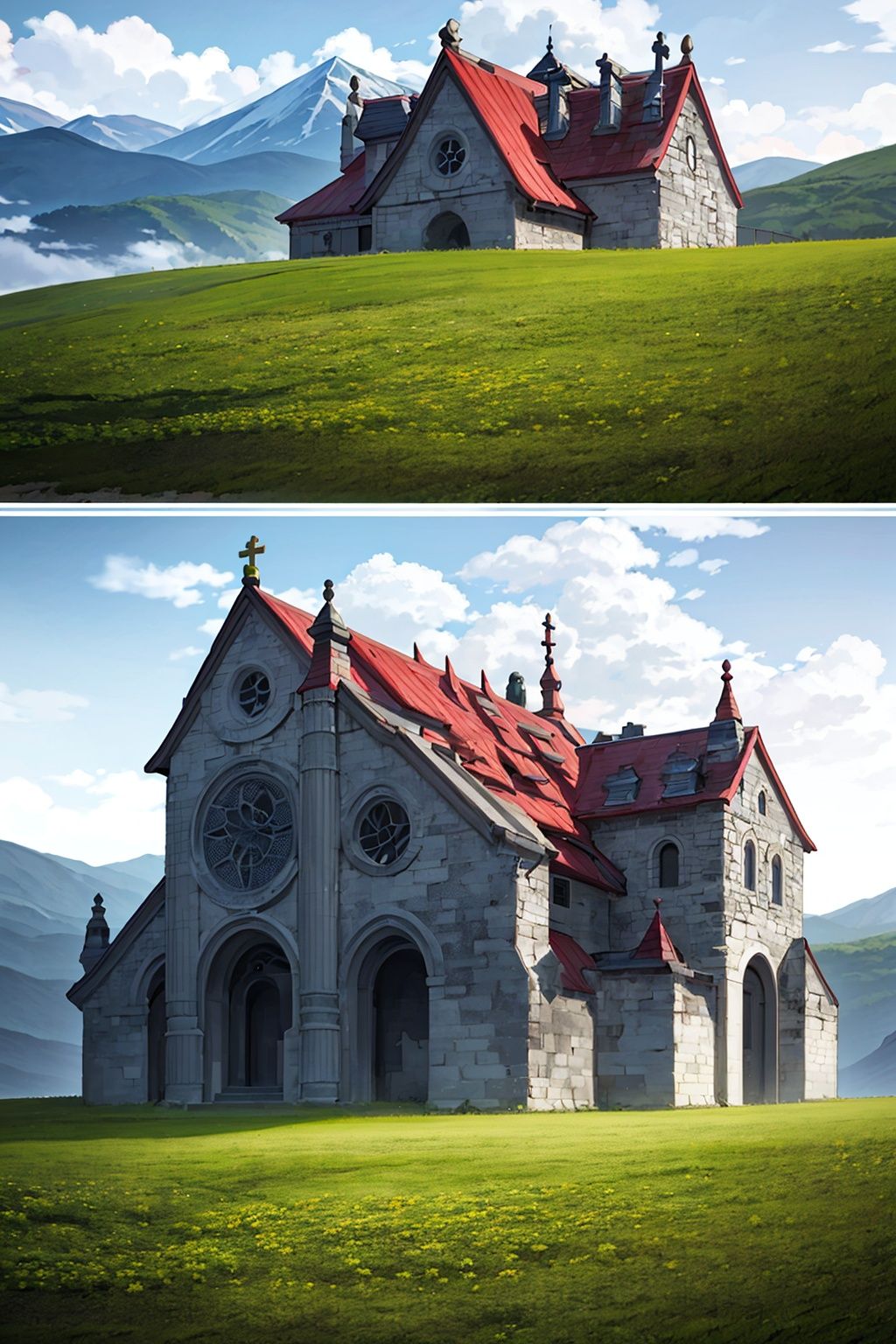 masterpiece,best quality,1girl,exquisite details,<lora:2qhuafeng-000008:0.7>, designed by Hiroshige, anime key visual, landscape of a Ruined (Church:1.1) , flower field, Foggy, artstation, 8K,HDR
