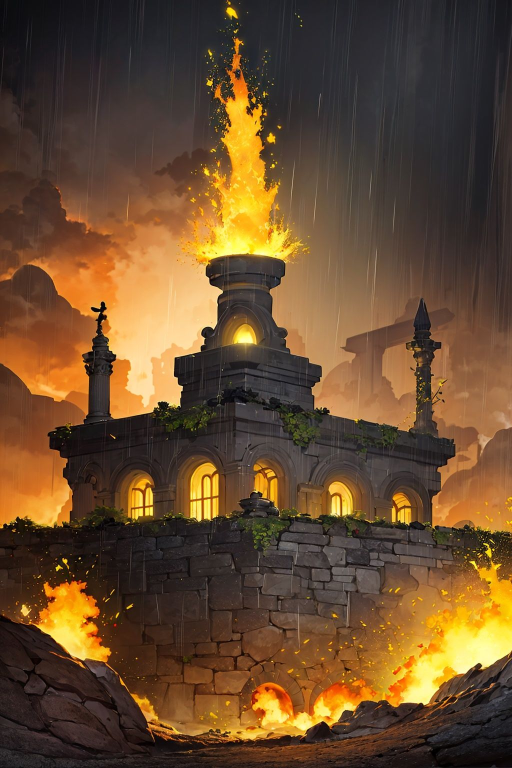 masterpiece,best quality,8K,HDR,<lora:2qhuafeng-000008:0.6>, concept art, dynamic composition, landscape of a Magical (Ronda:1.1) from inside of a Medical clinic, lava pit, Raining, Vivid, Remodernism