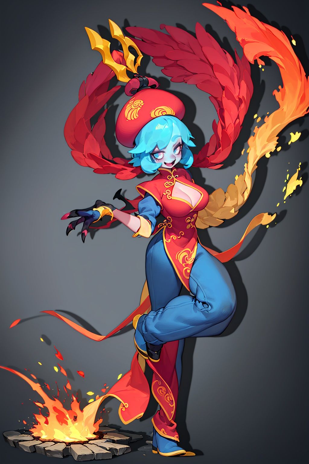 masterpiece,best quality,8K,HDR,<lora:2qhuafeng-000008:0.6>,lei lei, blue skin, 1girl, jiangshi, flipped hair, hat, blush stickers, qing guanmao, cleavage cutout, clothing cutout, chinese clothes, solo, ofuda, claws, simple background, standing on one leg, white background, open mouth, standing, smile, pants, 2qhuafeng, designed by Atey Ghailan, Loish, Bryan Lee O'Malley, Cliff Chiang and Greg Rutkowski, concept art, landscape of a Burning (The House of the Undying in Qarth:1.3) , field, Bathed in shadows, Masterpiece, Horror, Velvia