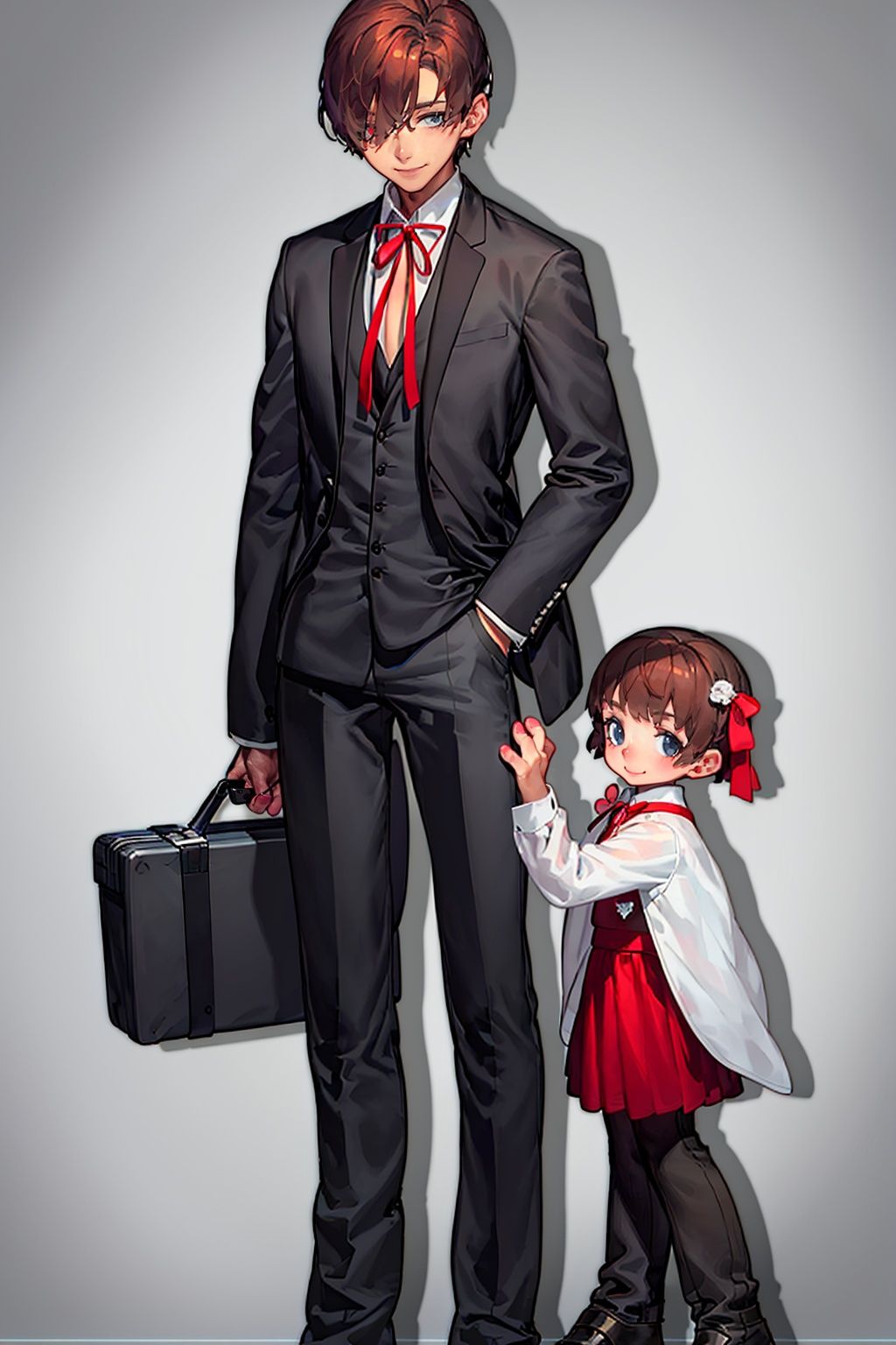 masterpiece,best quality,<lora:2qhuafeng-000008:0.8>1girl, 1boy, ribbon, brown hair, hand in pocket, white background, red ribbon, shirt, simple background, jacket on shoulders, letterboxed, shoes, holding, vest, jacket, red footwear, formal, neck ribbon, white shirt, socks, coat, pants, hair over one eye, skirt, briefcase, child, suit, standing, bangs, black pants, bag, full body, looking at viewer, long sleeves, mary janes, smile, bow, hair ribbon, 2qhuafeng, by Ivan Fedorovich Choultse, anime key visual, landscape of a (Home office:1.3) and White oak, it is Verdant, intricate details, at Midday, Fine art, Renaissance, Lens Flare, 8K,HDR