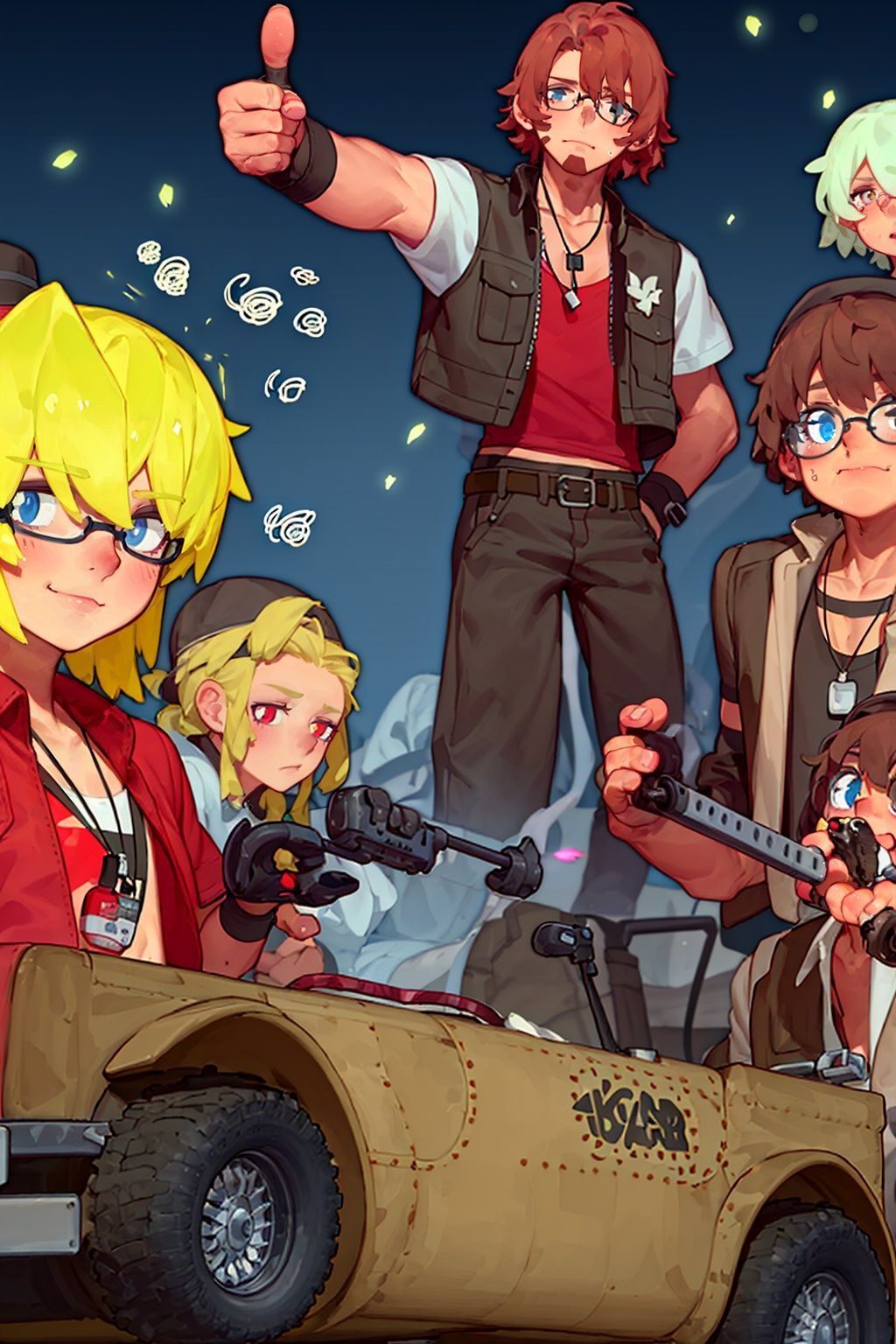 masterpiece,best quality,<lora:2qhuafeng-000008:0.8>hat, brown hair, sunglasses, squiggle, bandana, 1girl, ground vehicle, thumbs up, shirt, glasses, 3boys, vest, dog tags, blue headwear, headband, baseball cap, motor vehicle, holding, facial hair, jacket, red jacket, 2qhuafeng, anime key visual, landscape of a Small Liquid ([Bissau|Factory]:1.3) , blossoms, Hazy conditions, Sci-Fi, Bloomcore, Rembrandt lighting, F/2.8, Agfacolor, Luminous trails, Best quality, designed by Arnold Böcklin, Butcher Billy, 8K,HDR