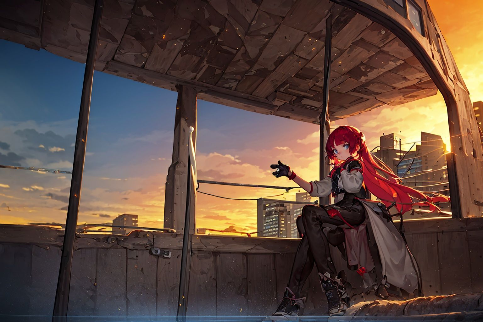 masterpiece,best quality,<lora:2qhuafeng-000008:0.8>1girl, stylized by Will Barnet, anime key visual, landscape of a Natural (Media room:1.1) and Bus, cityscape, at Sunset, Ultra Real, 80mm, Kodak portra, 8K,HDR