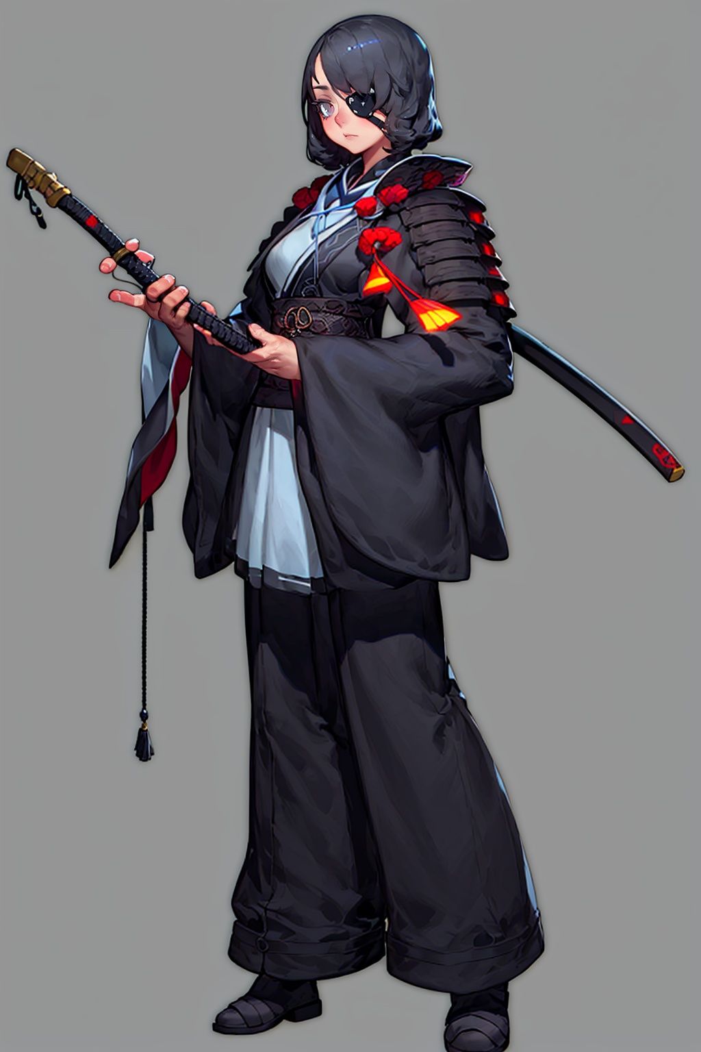 masterpiece,best quality,<lora:2qhuafeng-000008:0.8>,1girl, solo, weapon, eyepatch, sword, sheath, armor, grey background, simple background, sheathed, japanese clothes, katana, shoulder armor, standing, full body, 2qhuafeng, anime key visual, landscape of a 1900'S Mundane (Lisbon:1.3) , Foggy conditions, designed by greg rutkowski, artgerm, ross tran, conrad roset and takato yomamoto, cinematic lighting, hyperdetailed, 8K,HDR