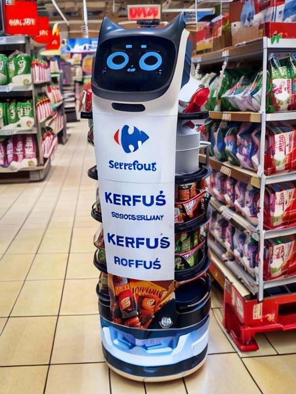 kerfusrobot robot standing at the store with store shelves behind in the background,  high quality,  high resolution by to...