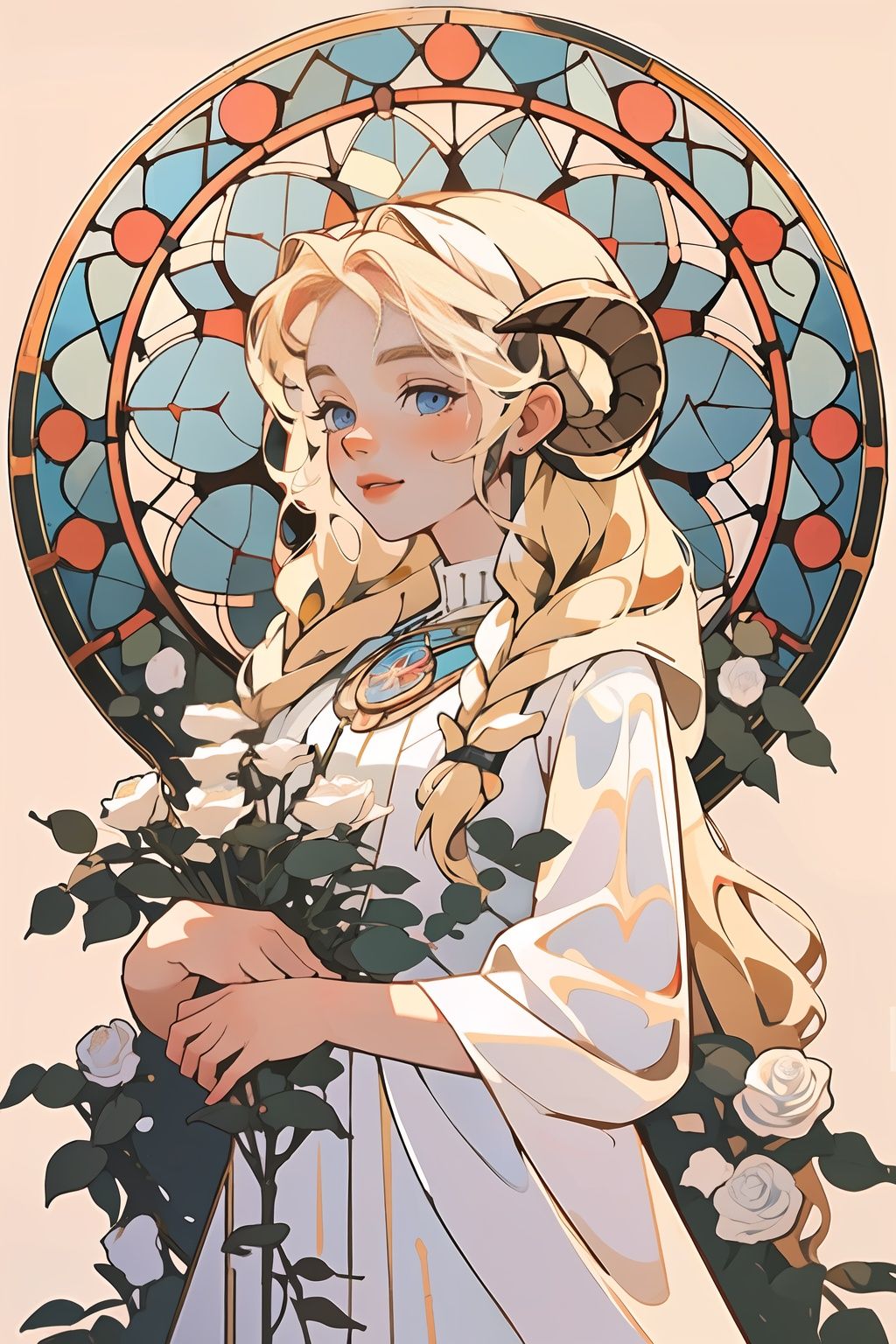 white background, best quality, ((masterpiece)),1girl, rose window, tacoma art glass, solo, long_hair, fluffy blonde curls, double braids, sheep_horns, blue eyes, long dress, holding flowers, red rose, Putri Duyung Kecil, jewelry,  stained_glass, unrays shine upon it,hyper quality, high detail, HD    <lora:RWindow-000008:1>