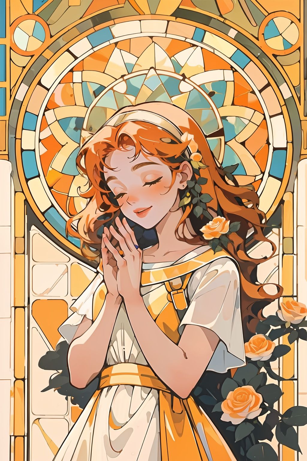 white background, best quality, ((masterpiece)),1girl, rose window, tacoma art glass, solo, orange curly hair,  close eyes, blush, smile,  yellow dress, own hands together, praying, yellow flowe, Putri Duyung Kecil, jewelry,  stained_glass, unrays shine upon it,hyper quality, high detail, HD    <lora:RWindow-000008:1>