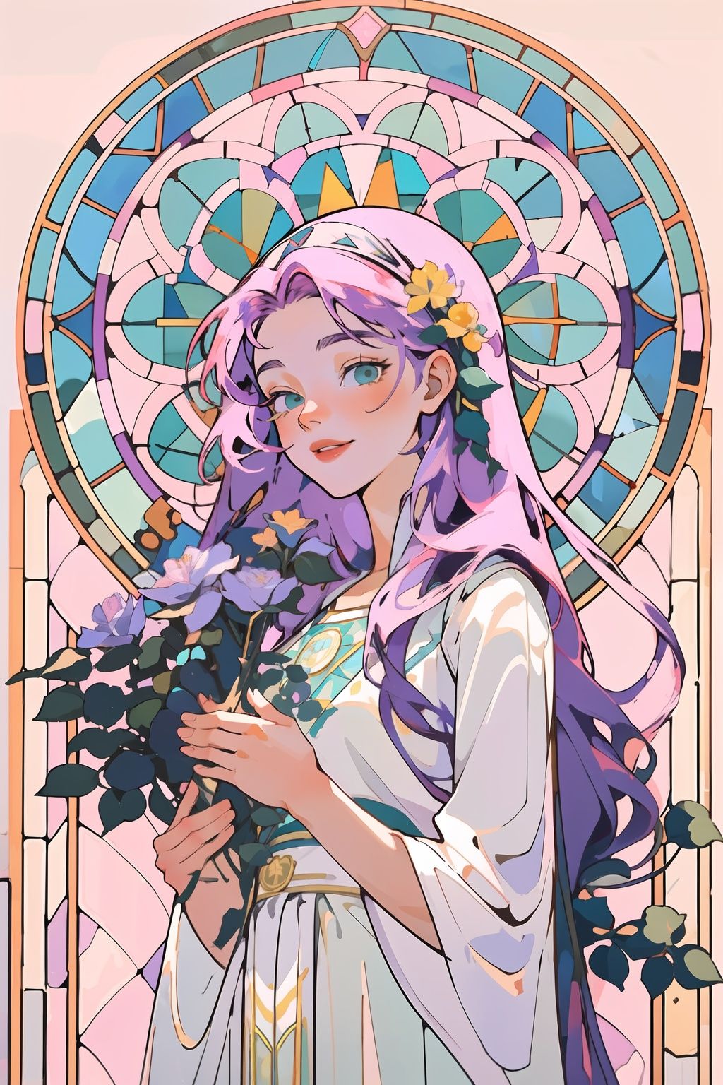 white background, best quality, ((masterpiece)),1girl, rose window, tacoma art glass, solo, long_hair, pink and purple hair, green eyes, smile,  long dress, (holding blue flower), yellow_flowe, Putri Duyung Kecil, jewelry,  stained_glass, unrays shine upon it,hyper quality, high detail, HD    <lora:RWindow-000008:1>