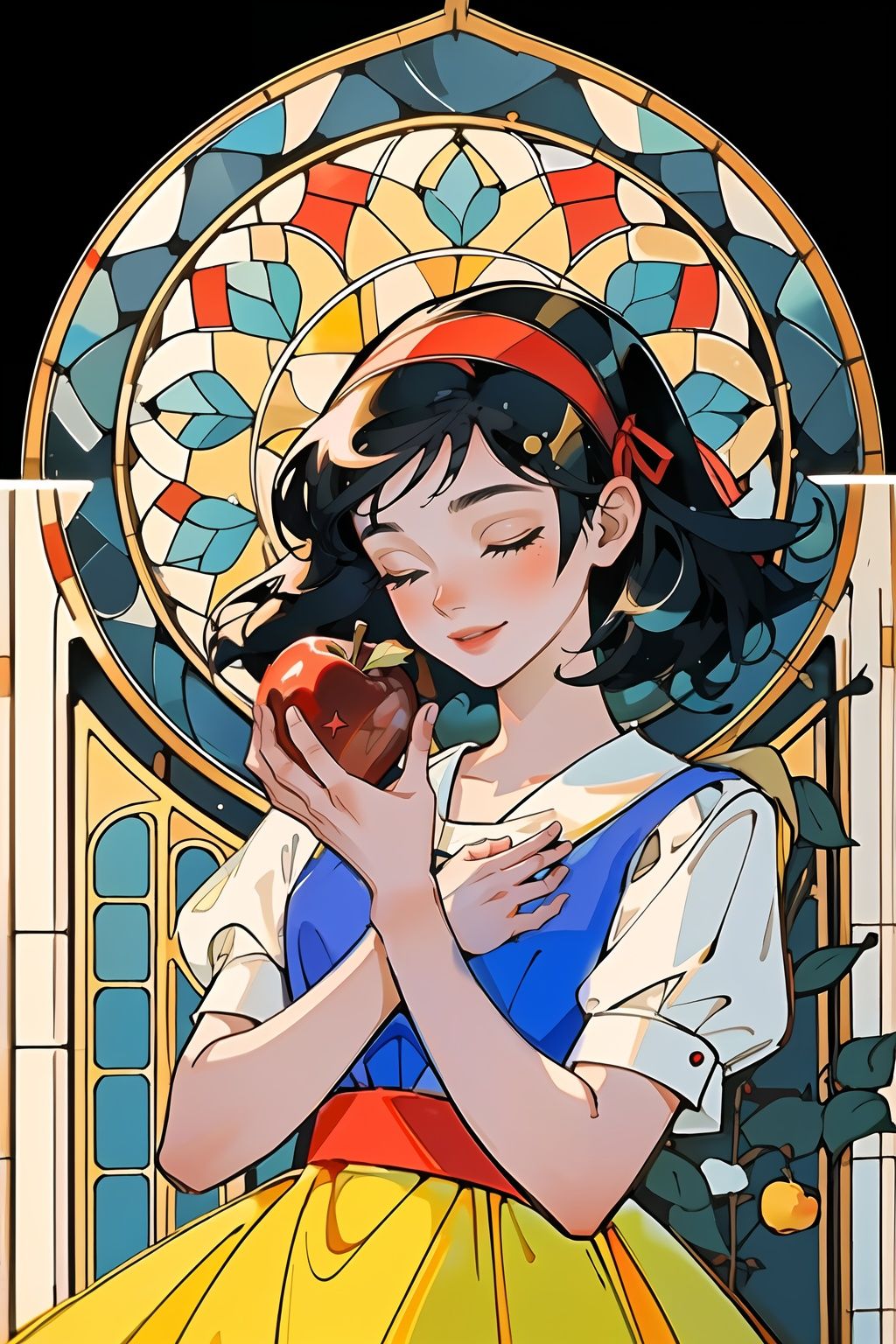black background, best quality, ((masterpiece)),1girl, rose window, tacoma art glass, solo, ((short black hair, red ribbon hairband)), (holding an apple), named Snow White, close eyes, blush, smile, puffy short sleeves, (blue and yellow dress), flowers, Putri Duyung Kecil, jewelry, stained_glass, unrays shine upon it,hyper quality, high detail, HD <lora:RWindow-000008:1>