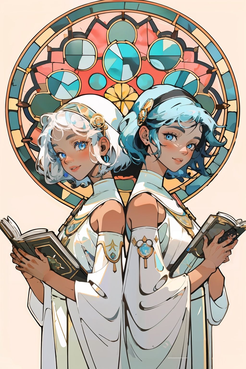 black background, best quality, ((masterpiece)),2girls, rose window, tacoma art glass, solo, two girls back to back, One of them has curly white hair, holding book, the other one has blue short hair, own hands together, praying, beautiful eyes, bare shoulders, dark skin, blush, smile,  long dress,  flowers, Putri Duyung Kecil, jewelry,  stained_glass, unrays shine upon it,hyper quality, high detail, HD    <lora:RWindow-000008:1>