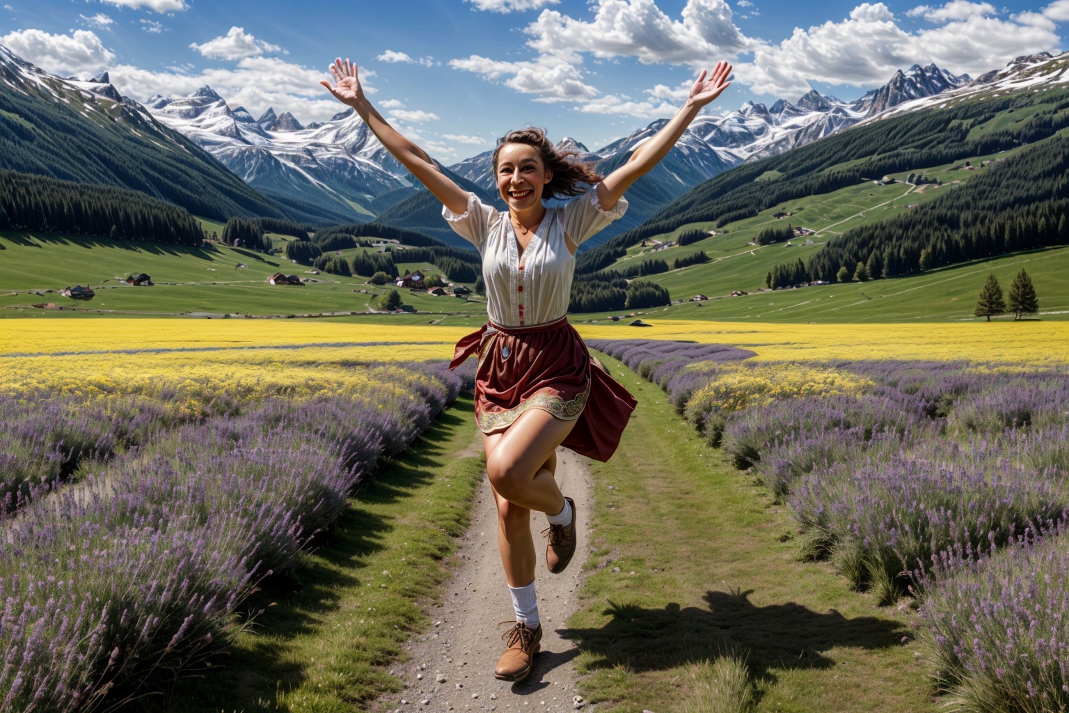 oil-painting,  woman in traditional Tyrolean costume with her arms raised while running happily through a meadow,  big smi...