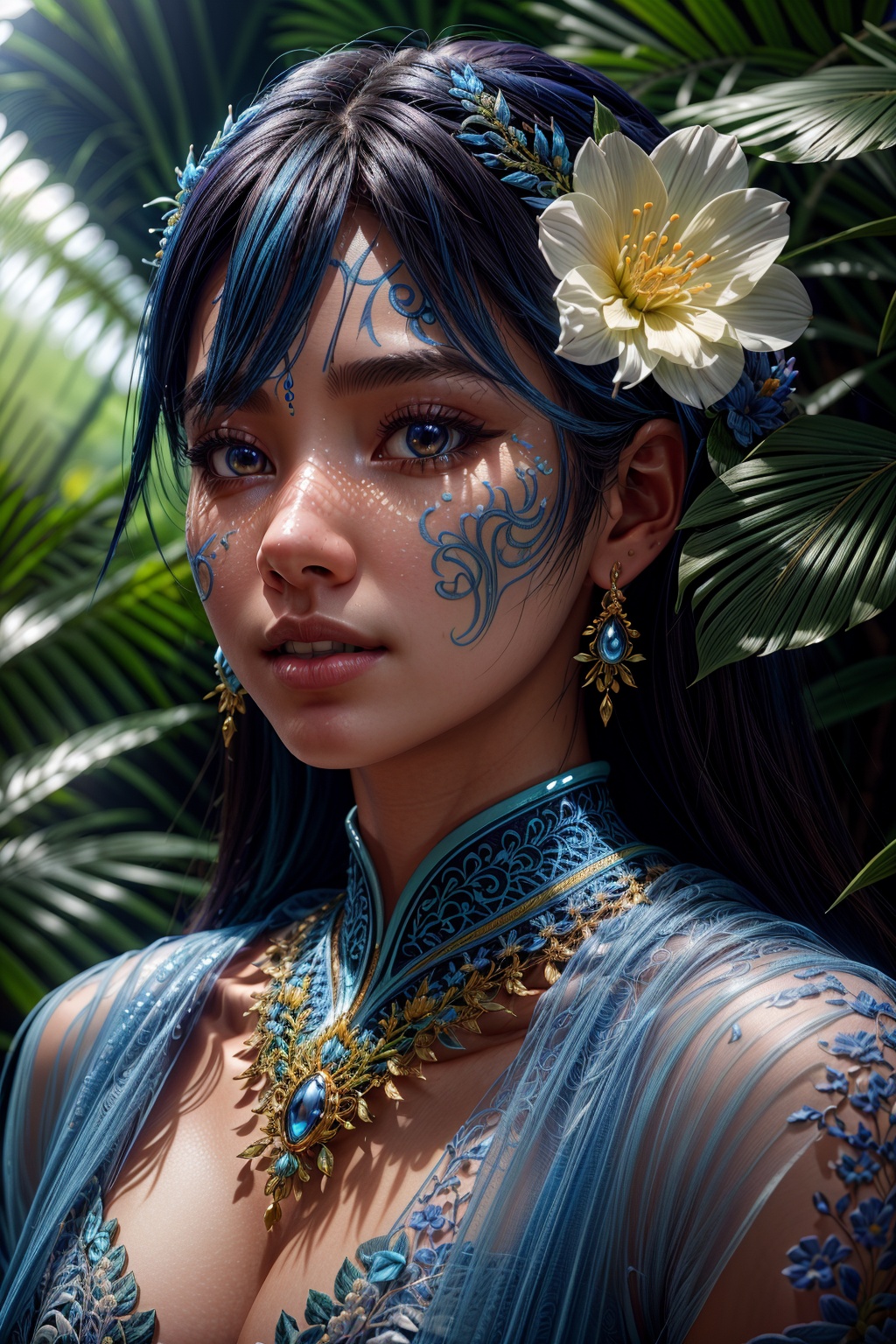 fashion photography portrait of blue human avatar,  in blue lush jungle with flowers and birds,  3d render on Tensor.Art