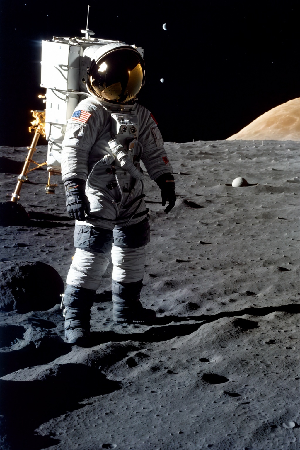 A captivating and realistic portrayal of an astronaut exploring the lunar surface. The astronaut should be wearing a space...